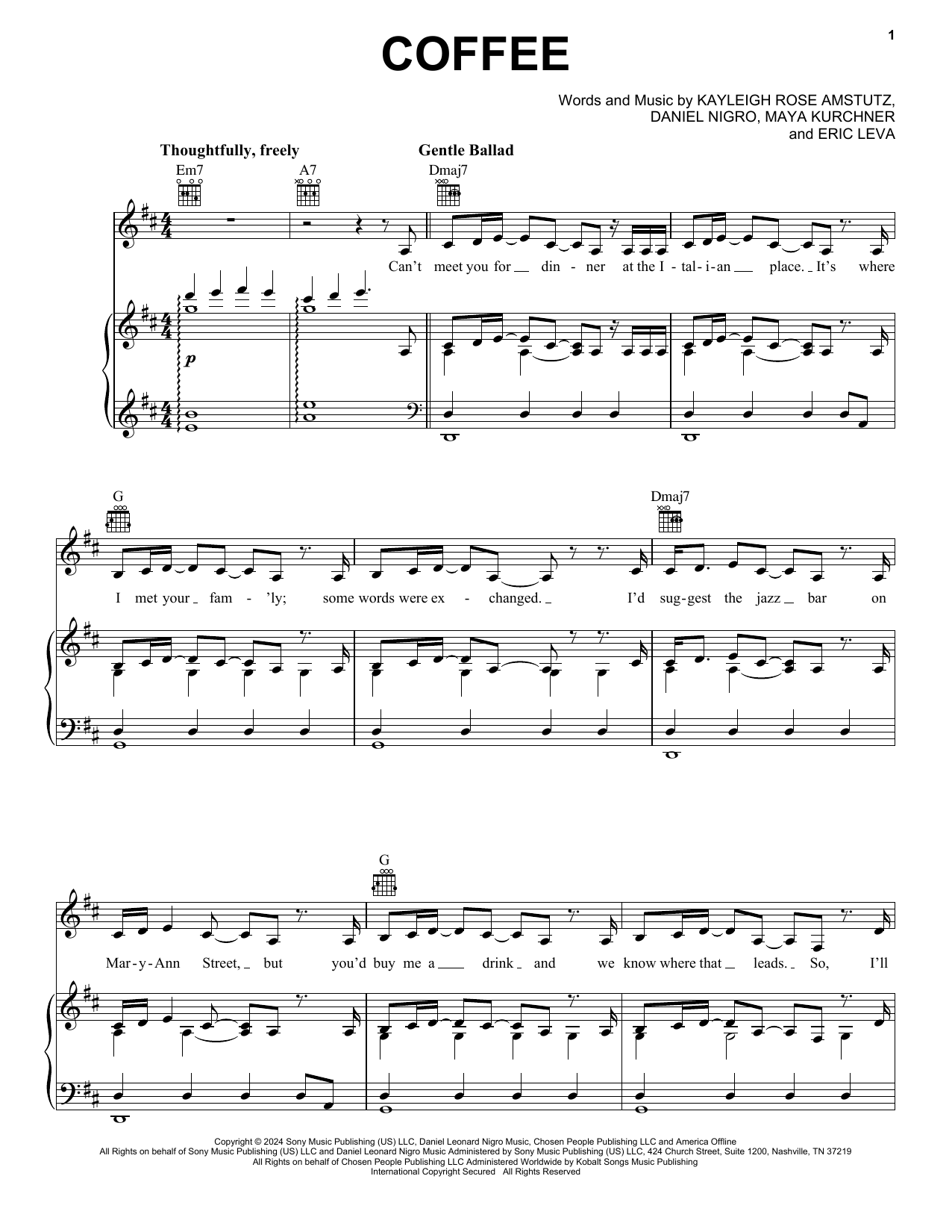 Download Chappell Roan Coffee Sheet Music and learn how to play Piano, Vocal & Guitar Chords (Right-Hand Melody) PDF digital score in minutes
