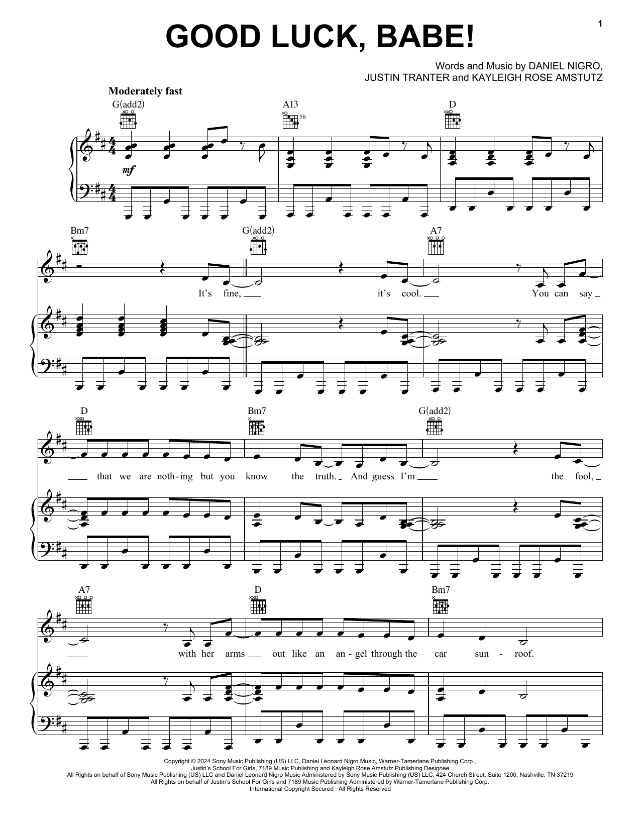 Download Chappell Roan Good Luck, Babe! Sheet Music and learn how to play Piano, Vocal & Guitar Chords (Right-Hand Melody) PDF digital score in minutes