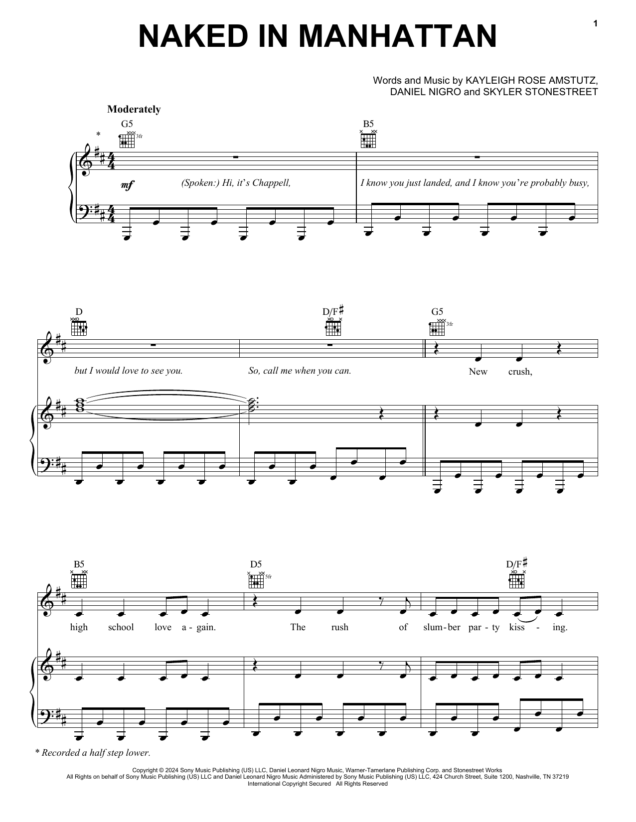 Download Chappell Roan Naked In Manhattan Sheet Music and learn how to play Piano, Vocal & Guitar Chords (Right-Hand Melody) PDF digital score in minutes