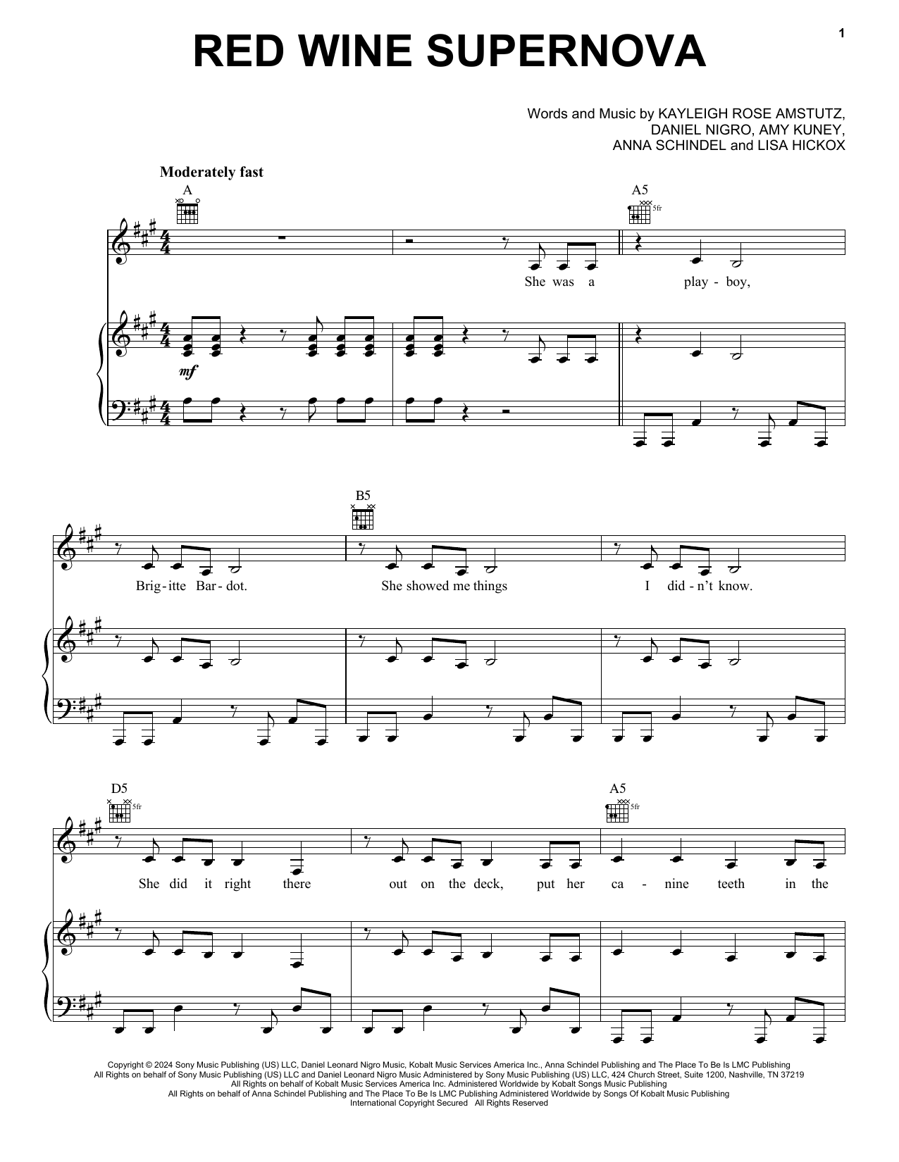 Download Chappell Roan Red Wine Supernova Sheet Music and learn how to play Piano, Vocal & Guitar Chords (Right-Hand Melody) PDF digital score in minutes