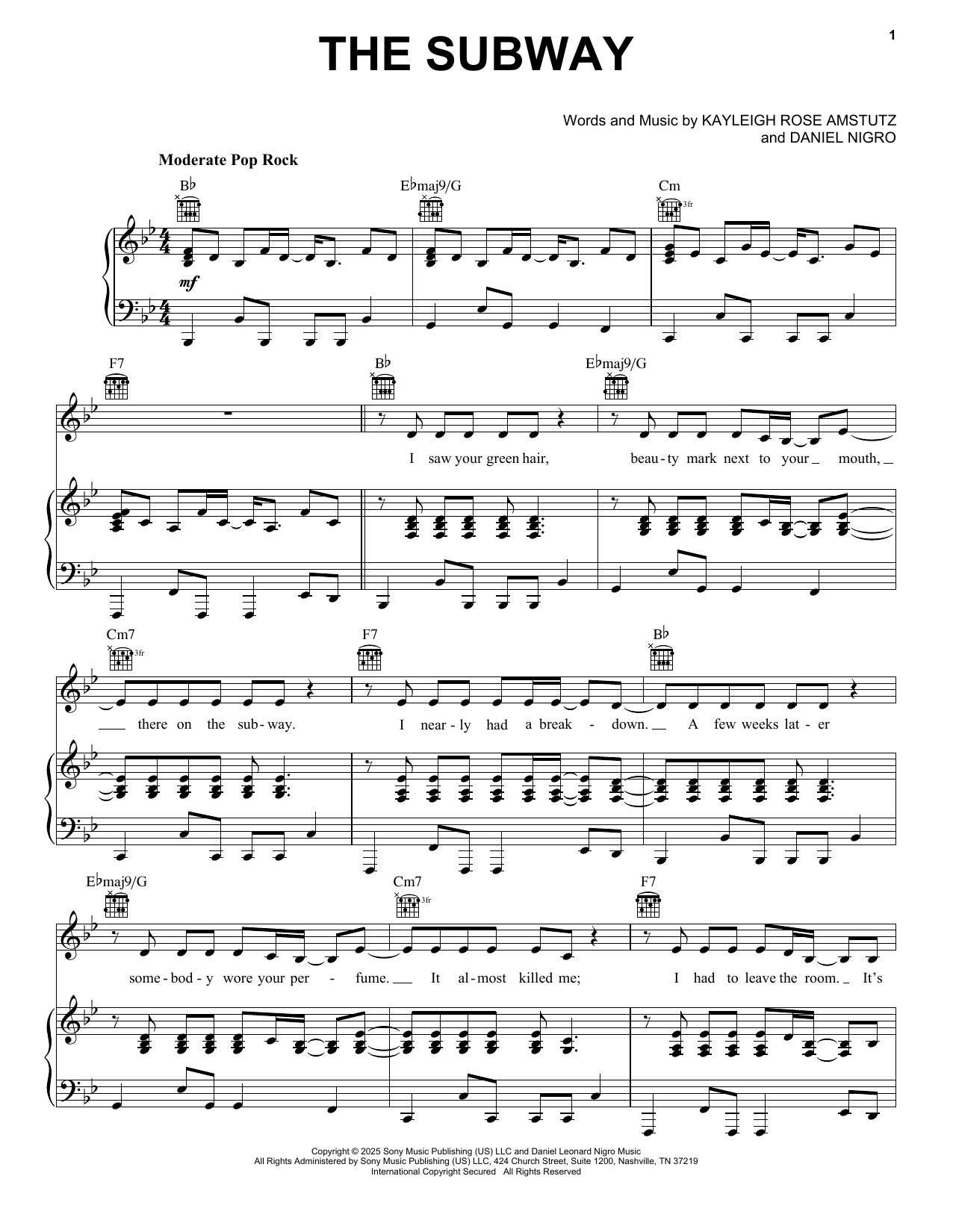 Download Chappell Roan The Subway Sheet Music and learn how to play Piano, Vocal & Guitar Chords (Right-Hand Melody) PDF digital score in minutes