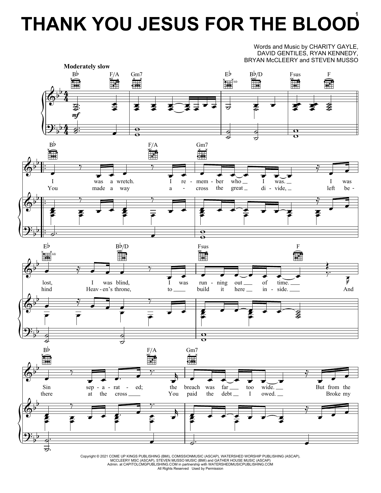 Download Charity Gayle Thank You Jesus For The Blood Sheet Music and learn how to play Piano, Vocal & Guitar Chords (Right-Hand Melody) PDF digital score in minutes