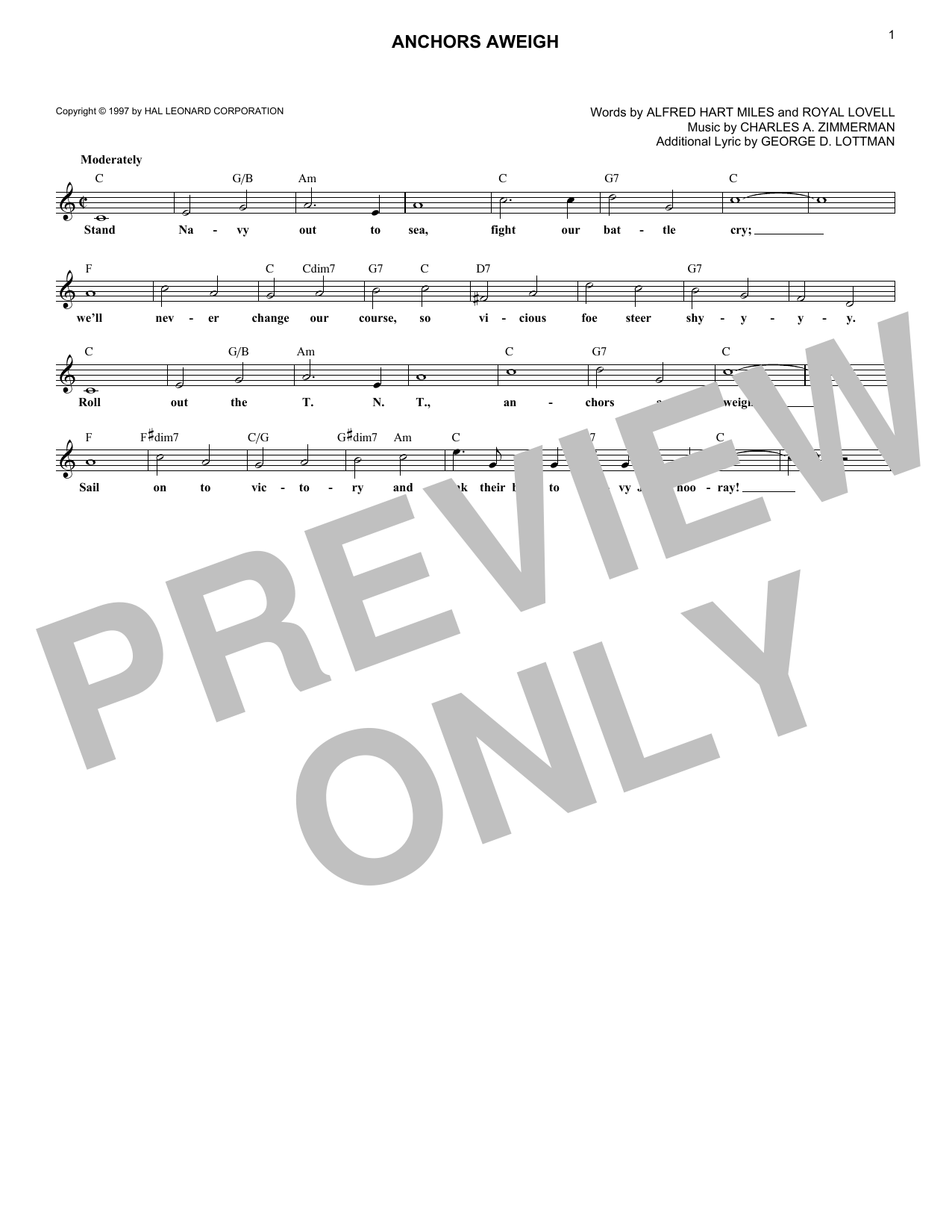 Download Charles A. Zimmerman Anchors Aweigh Sheet Music and learn how to play Melody Line, Lyrics & Chords PDF digital score in minutes