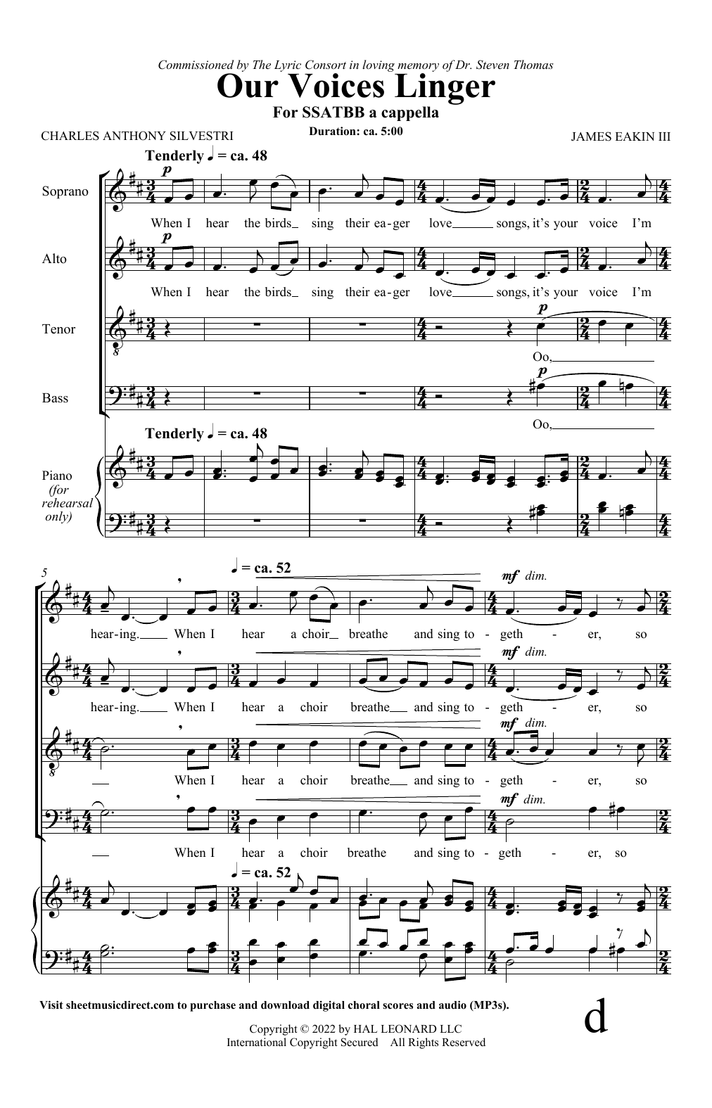 Download Charles Anthony Silvestri and James Eakin III Our Voices Linger Sheet Music and learn how to play SATB Choir PDF digital score in minutes