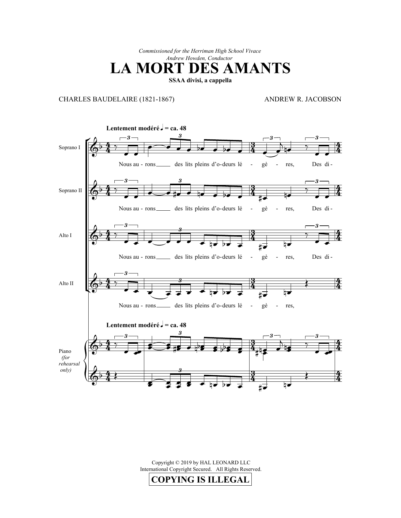 Download Charles Baudelaire and Andrew Jacobson La Mort Des Amants Sheet Music and learn how to play SSA Choir PDF digital score in minutes
