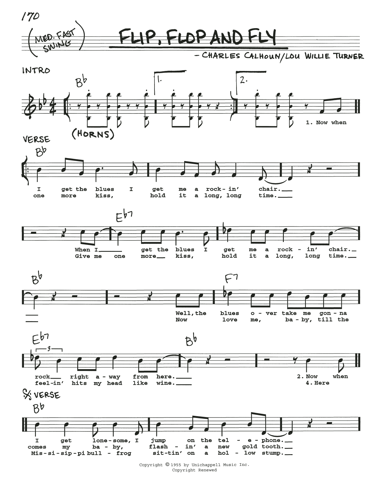 Download Charles Calhoun Flip, Flop And Fly Sheet Music and learn how to play Real Book – Melody, Lyrics & Chords PDF digital score in minutes