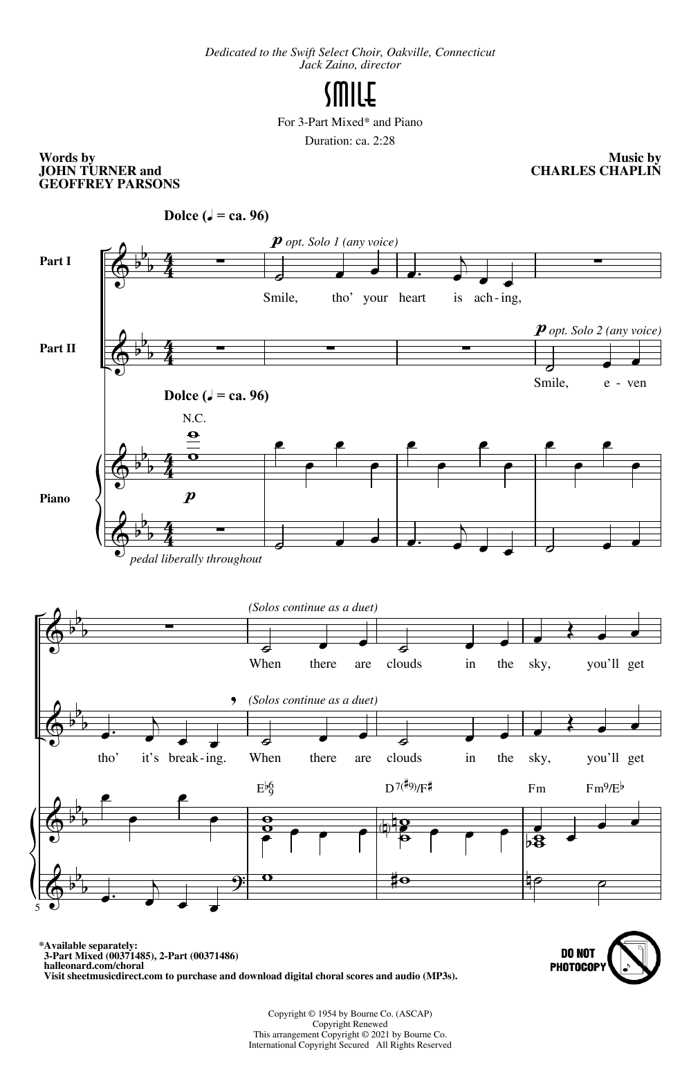 Download Charles Chaplin Smile (arr. Roger Emerson) Sheet Music and learn how to play 2-Part Choir PDF digital score in minutes