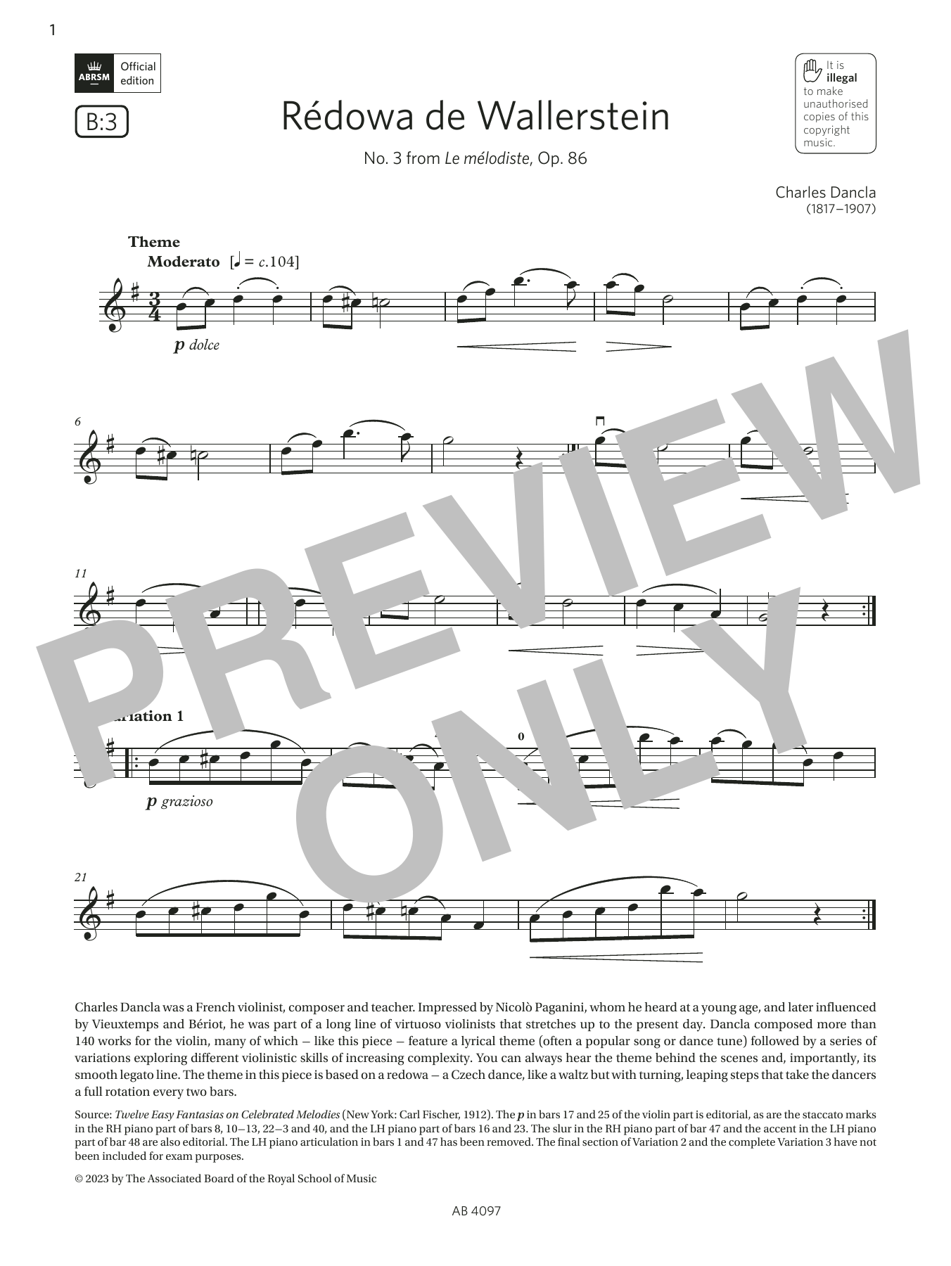 Download Charles Dancla Rédowa de Wallerstein (Grade 3, B3, from the ABRSM Violin Syllabus from 2024) Sheet Music and learn how to play Violin Solo PDF digital score in minutes
