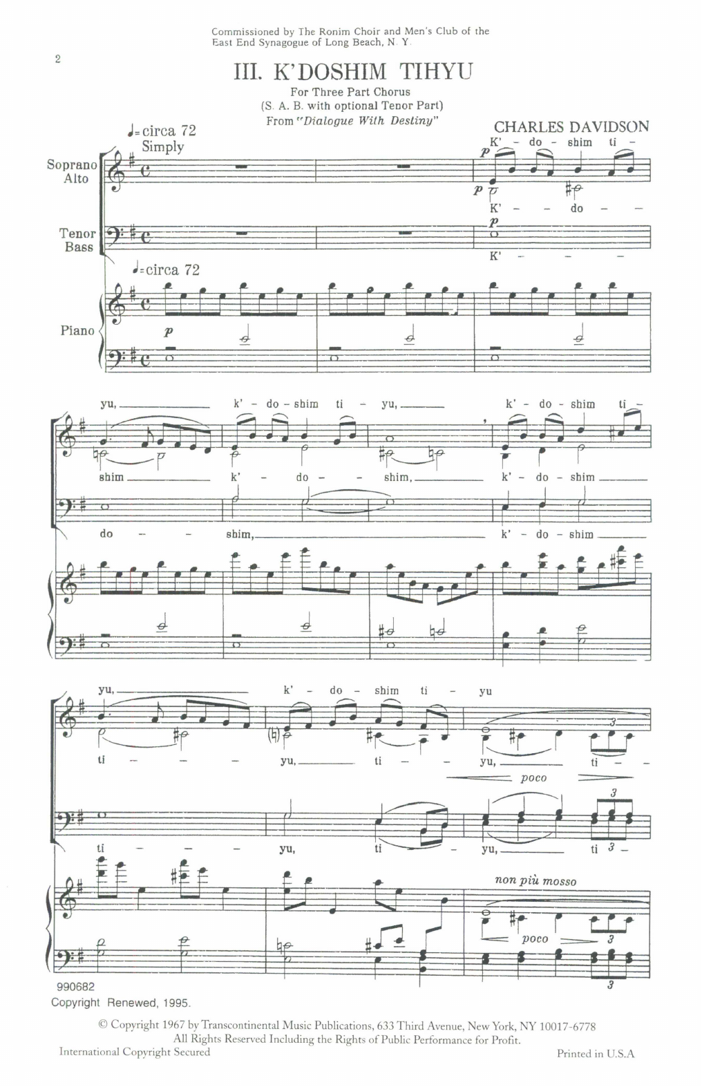 Download Charles Davidson K'Doshim Tihyu Sheet Music and learn how to play SAB Choir PDF digital score in minutes