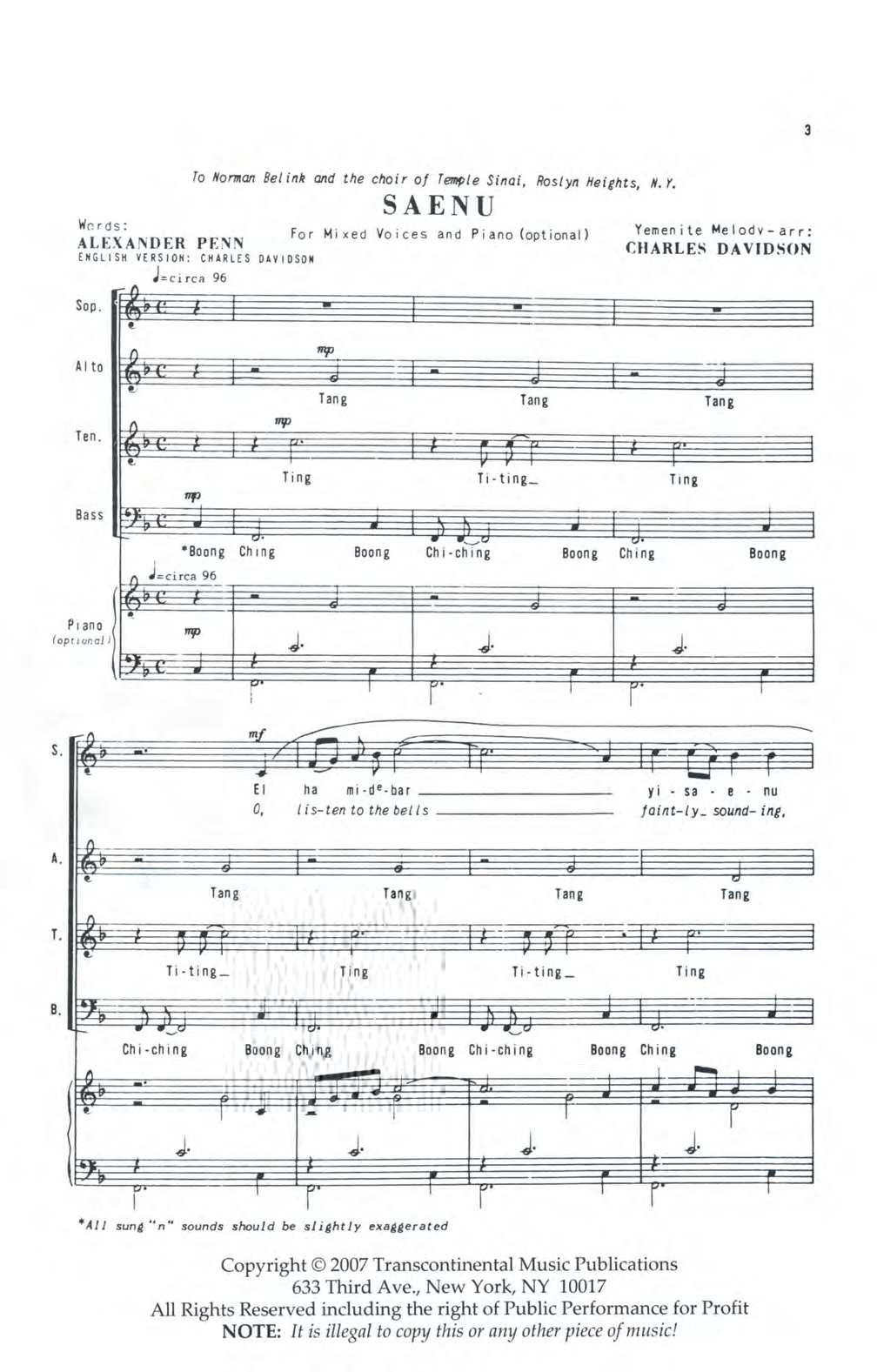 Download Charles Davidson Saenu Sheet Music and learn how to play SATB Choir PDF digital score in minutes
