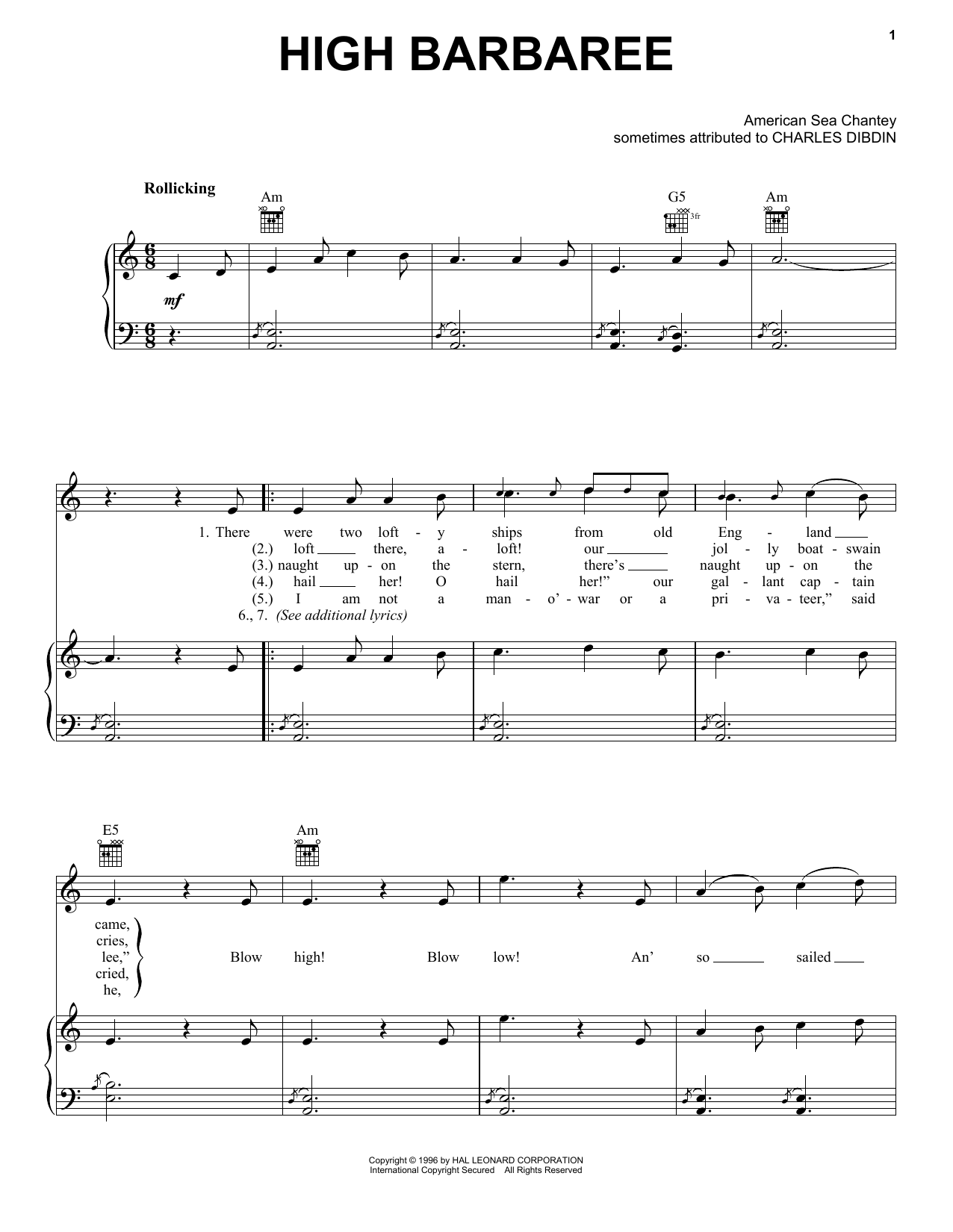 Download Charles Dibdin High Barbaree Sheet Music and learn how to play Piano, Vocal & Guitar (Right-Hand Melody) PDF digital score in minutes
