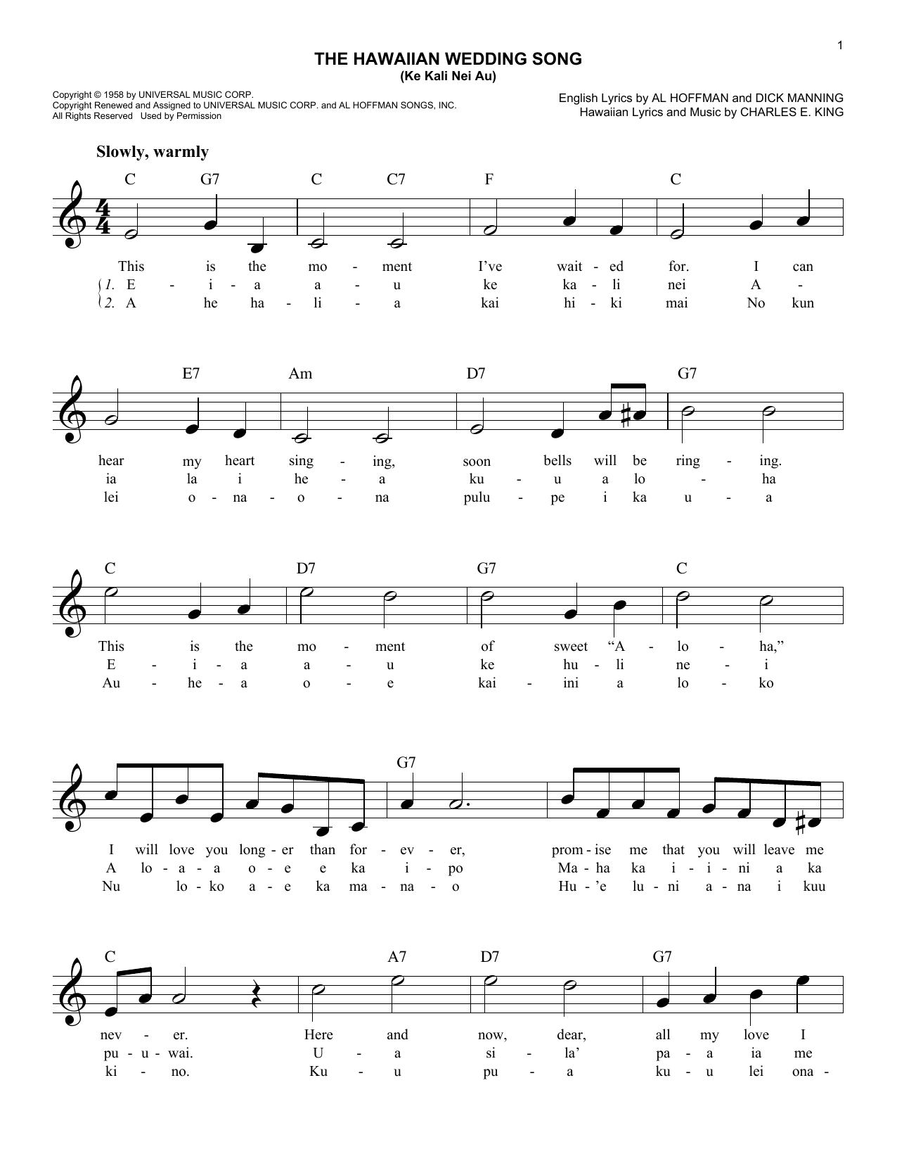 Download Charles E. King The Hawaiian Wedding Song (Ke Kali Nei Au) Sheet Music and learn how to play Melody Line, Lyrics & Chords PDF digital score in minutes