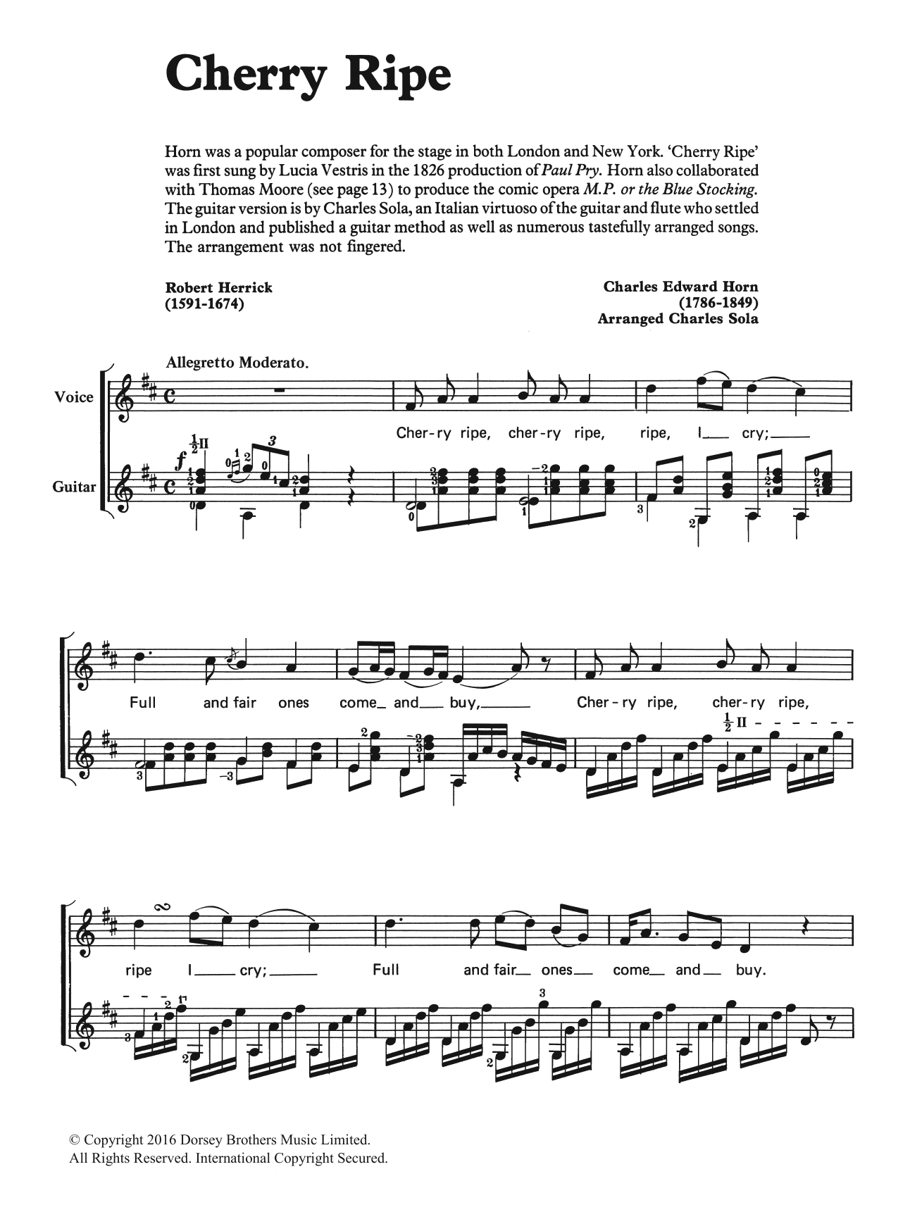 Download Charles Edward Horn Cherry Ripe Sheet Music and learn how to play Voice & Guitar PDF digital score in minutes