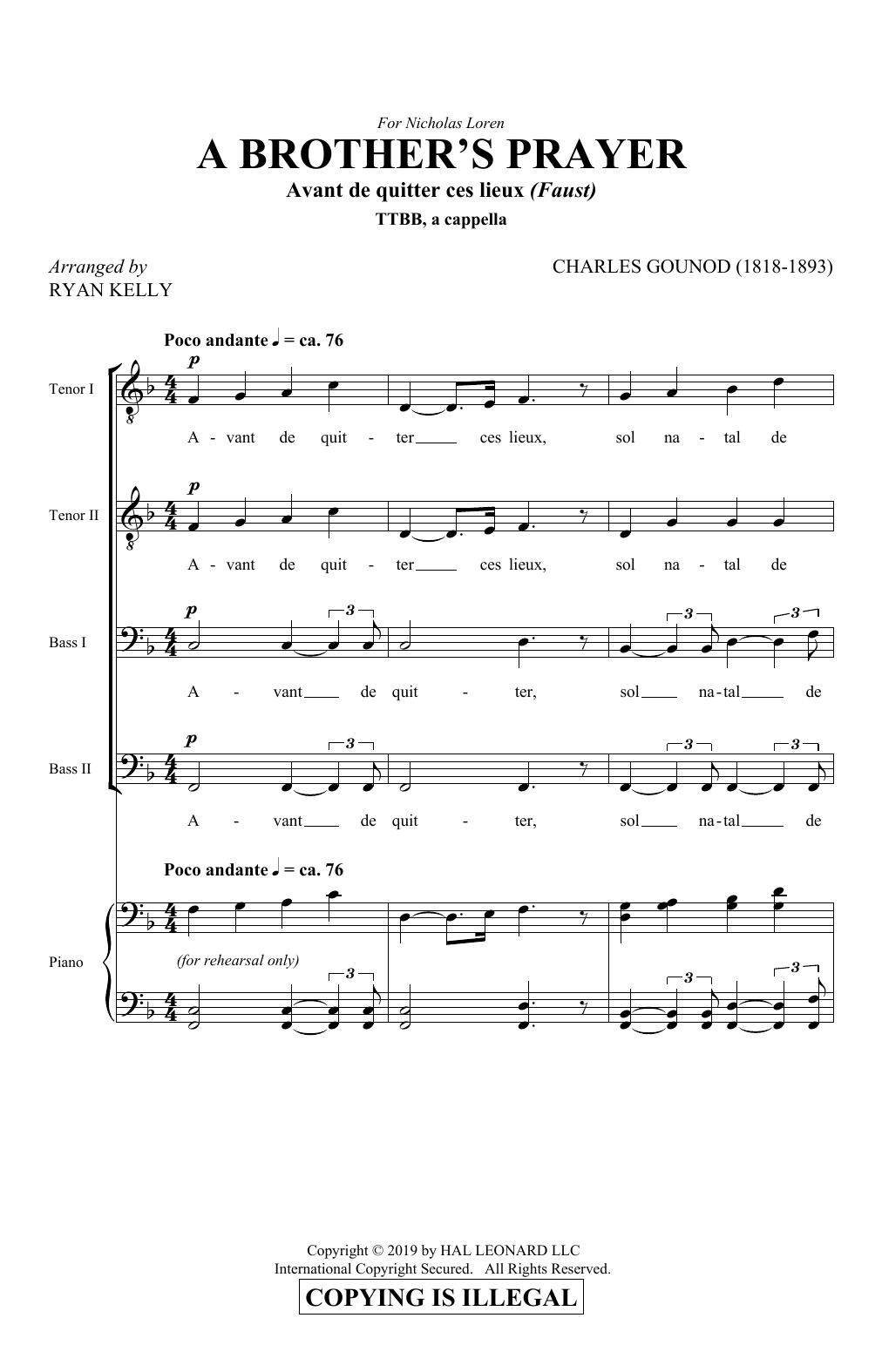 Download Charles Gounod A Brother's Prayer (Avant de quitter ces lieux) (arr. Ryan Kelly) Sheet Music and learn how to play TTBB Choir PDF digital score in minutes