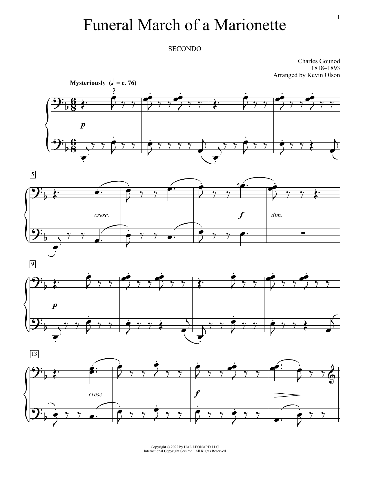 Download Charles Gounod Funeral March Of A Marionette (arr. Kevin Olson) Sheet Music and learn how to play Piano Duet PDF digital score in minutes