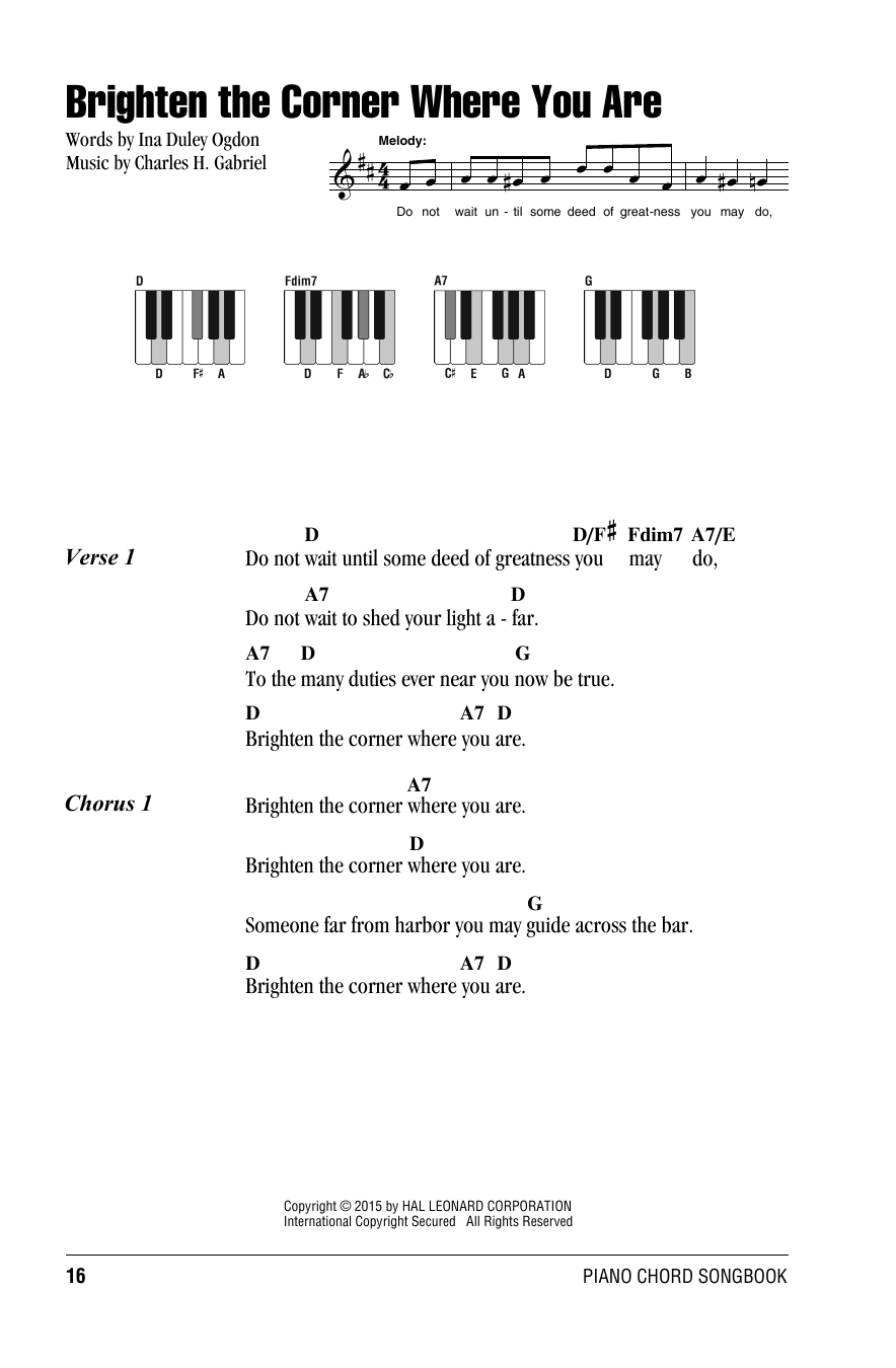 Download Charles H. Gabriel Brighten The Corner Where You Are Sheet Music and learn how to play Lyrics & Piano Chords PDF digital score in minutes