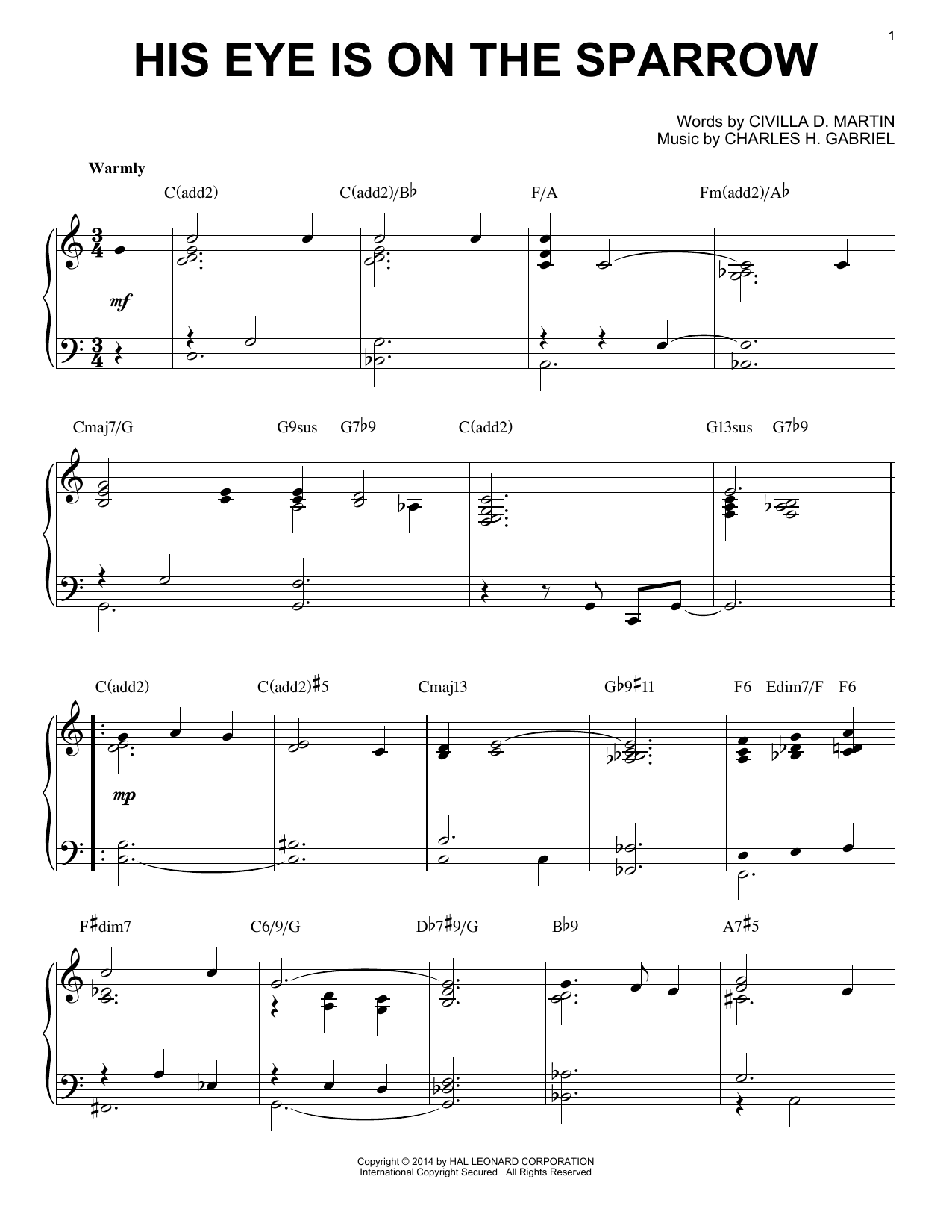 Download Charles H. Gabriel His Eye Is On The Sparrow Sheet Music and learn how to play Piano PDF digital score in minutes