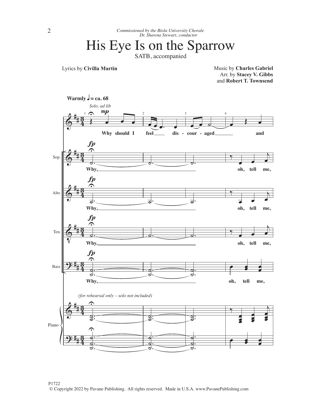 Download Charles Hutchinson Gabriel His Eye Is On The Sparrow (arr. Stacey V. Gibbs & Robert T. Townsend) Sheet Music and learn how to play Choir PDF digital score in minutes