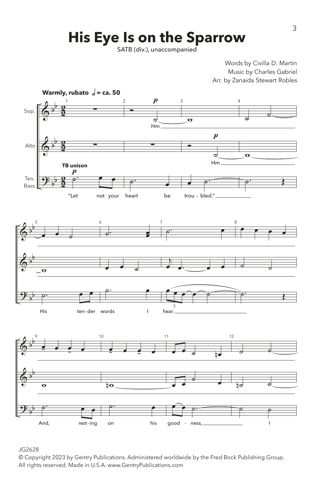 Download Charles Hutchinson Gabriel His Eye Is On The Sparrow (arr. Zanaida Stewart Robles) Sheet Music and learn how to play SATB Choir PDF digital score in minutes