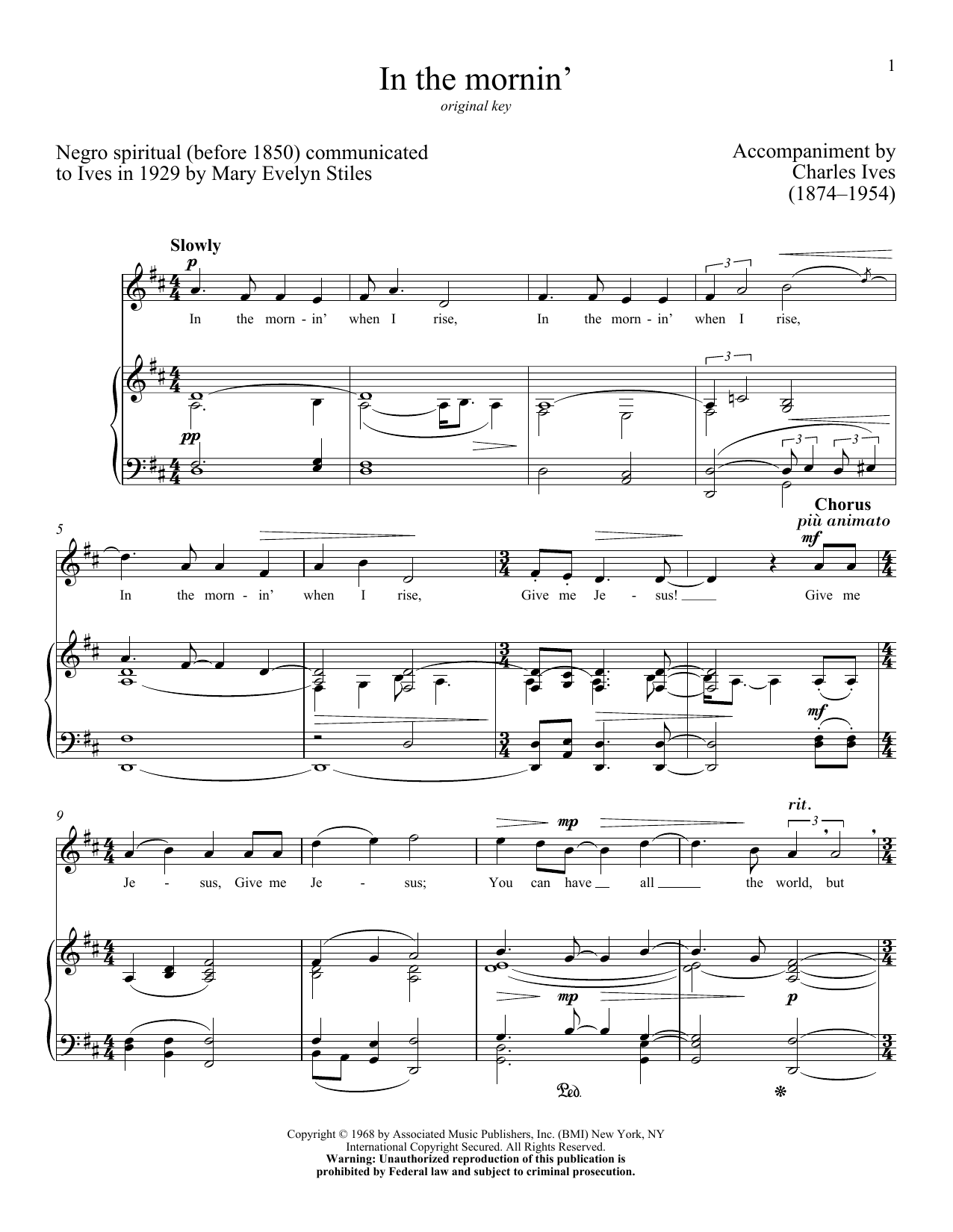 Download Charles Ives In The Mornin' Sheet Music and learn how to play Piano & Vocal PDF digital score in minutes