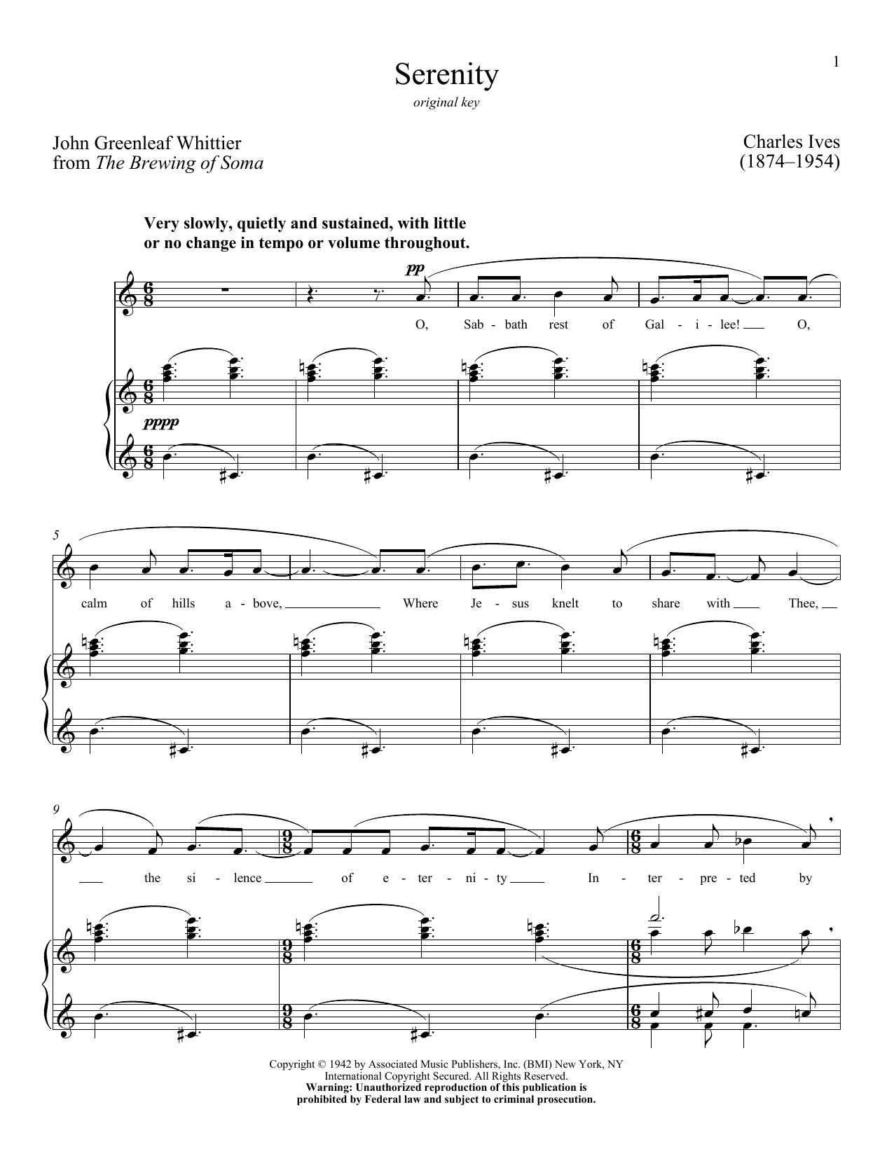 Download Charles Ives Serenity Sheet Music and learn how to play Piano & Vocal PDF digital score in minutes