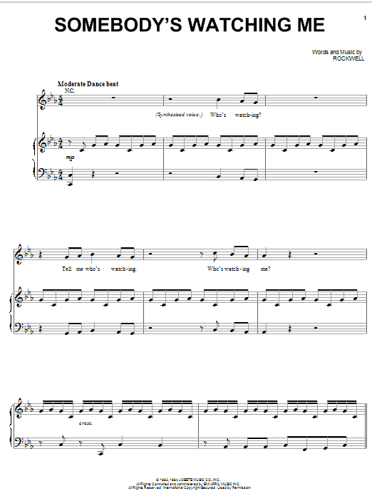 Download Rockwell Somebody's Watching Me Sheet Music and learn how to play Piano, Vocal & Guitar (Right-Hand Melody) PDF digital score in minutes