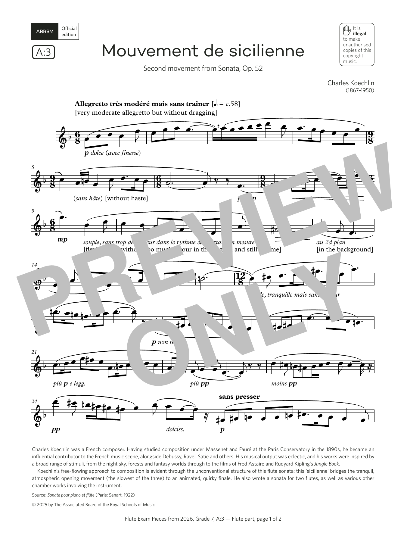 Download Charles Koechlin Mouvement de sicilienne (Grade 7, list A3, from the ABRSM Flute Syllabus from 20 Sheet Music and learn how to play Flute Solo PDF digital score in minutes