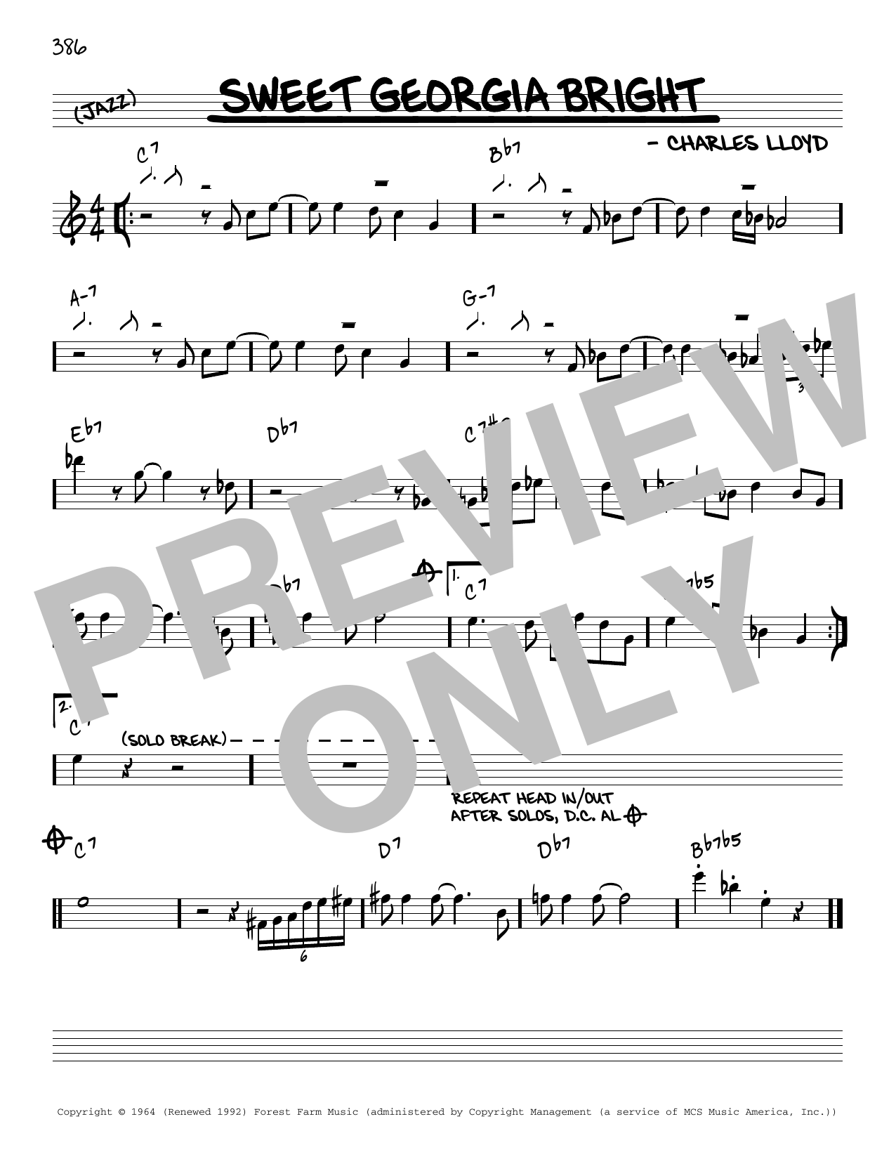 Download Charles Lloyd Sweet Georgia Bright [Reharmonized version] (arr. Jack Grassel) Sheet Music and learn how to play Real Book – Melody & Chords PDF digital score in minutes