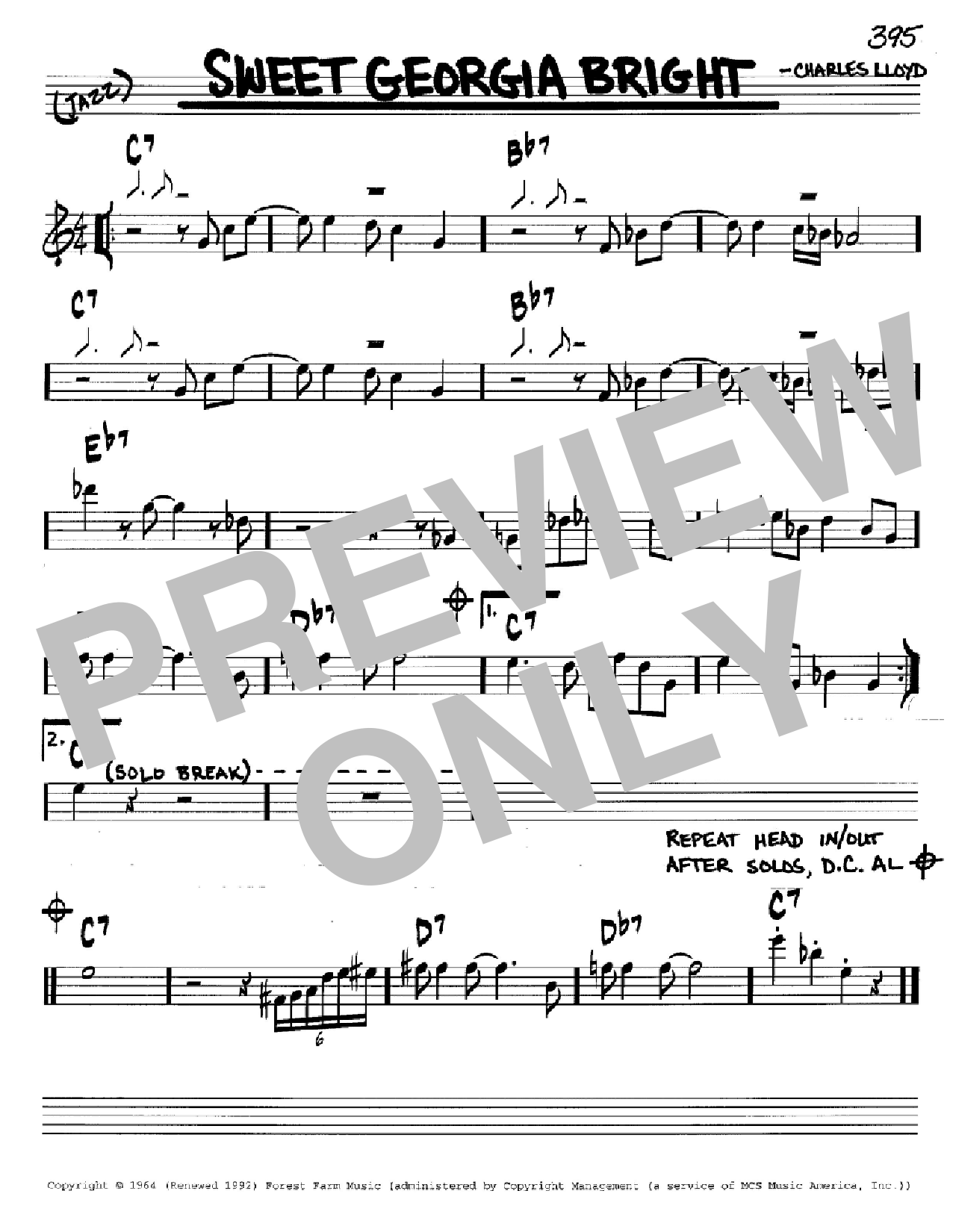 Download Charles Lloyd Sweet Georgia Bright Sheet Music and learn how to play Real Book - Melody & Chords - C Instruments PDF digital score in minutes