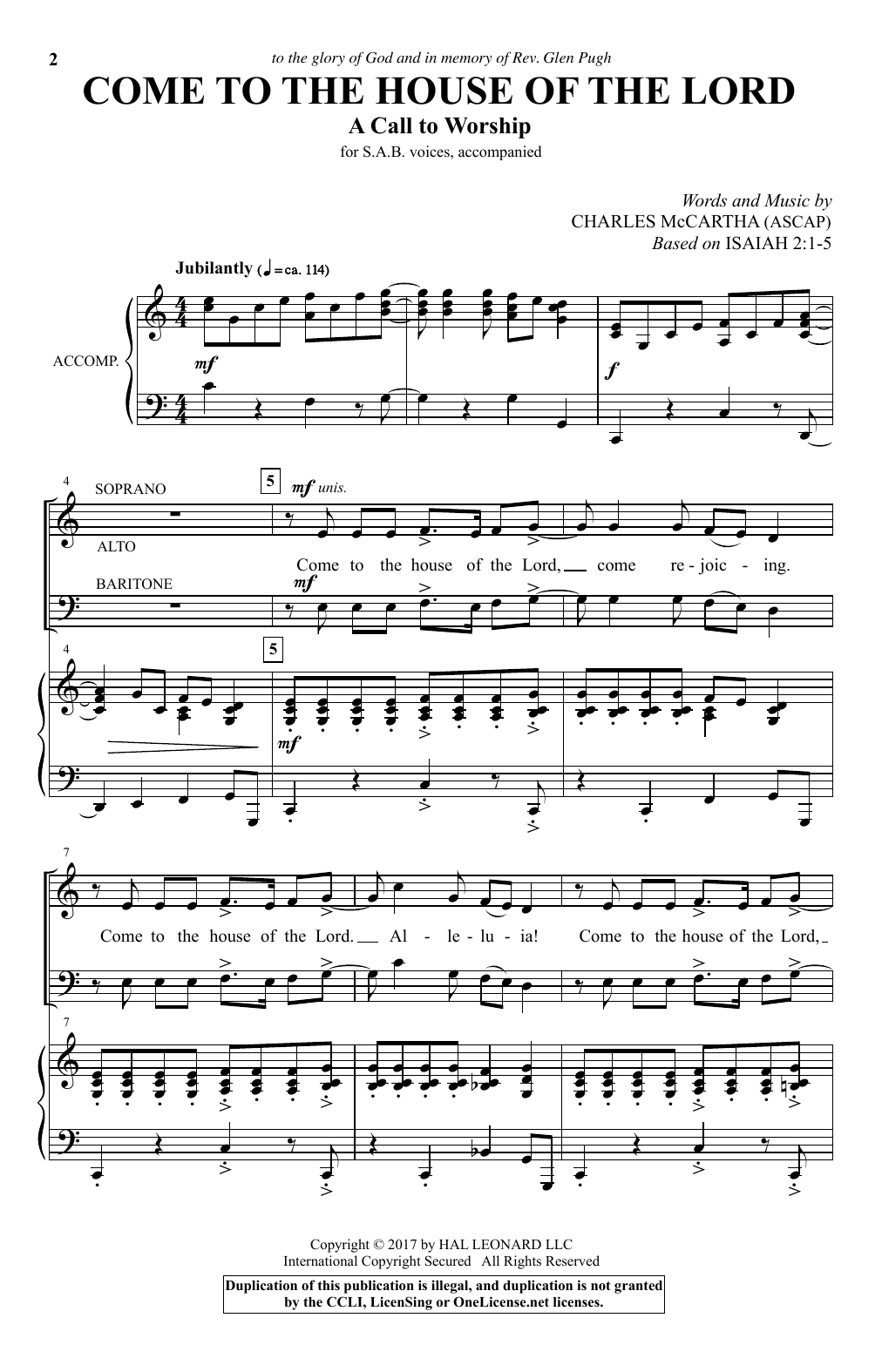 Download Charles McCartha Come To The House Of The Lord Sheet Music and learn how to play Piano, Vocal & Guitar PDF digital score in minutes