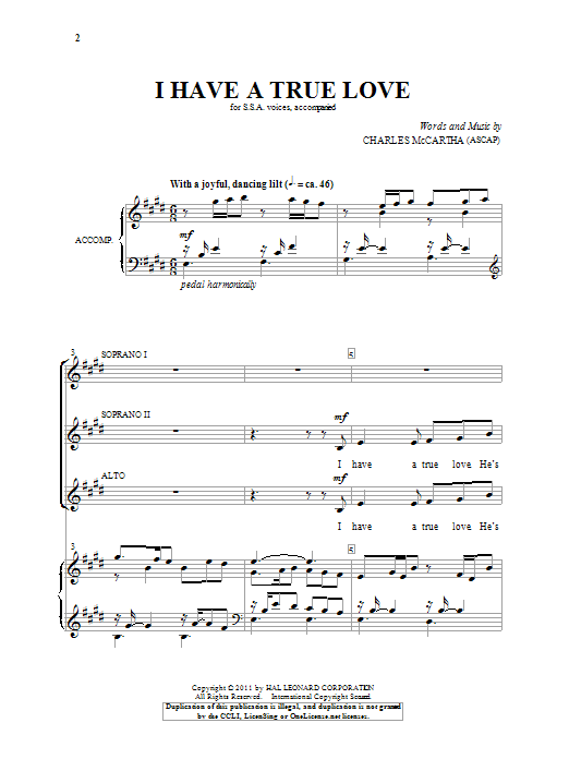 Download Charles McCartha I Have A True Love Sheet Music and learn how to play SSA PDF digital score in minutes