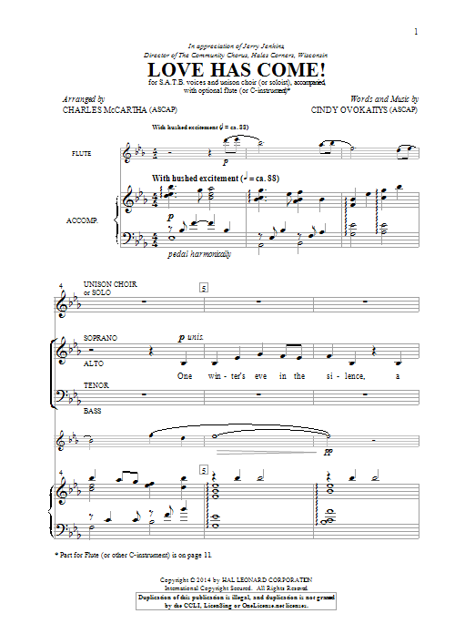 Download Cindy Ovokaitys Love Has Come! (arr. Charles McCartha) Sheet Music and learn how to play SATB PDF digital score in minutes