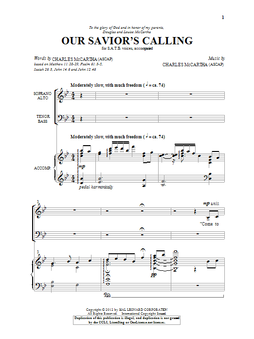 Download Charles McCartha Our Savior's Calling Sheet Music and learn how to play SATB PDF digital score in minutes