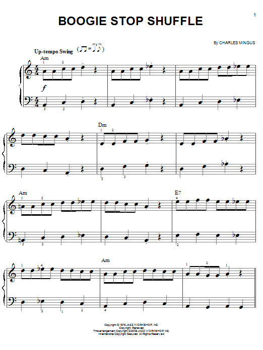 Download Charles Mingus Boogie Stop Shuffle Sheet Music and learn how to play Easy Piano PDF digital score in minutes