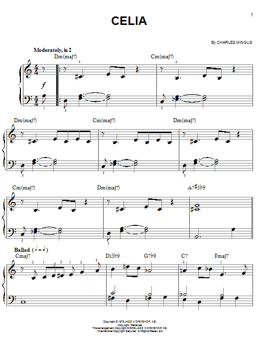 Download Charles Mingus Celia Sheet Music and learn how to play Easy Piano PDF digital score in minutes