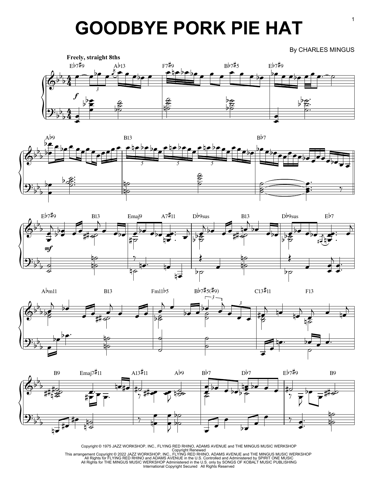 Download Charles Mingus Goodbye Pork Pie Hat [Jazz version] (arr. Brent Edstrom) Sheet Music and learn how to play Piano Solo PDF digital score in minutes