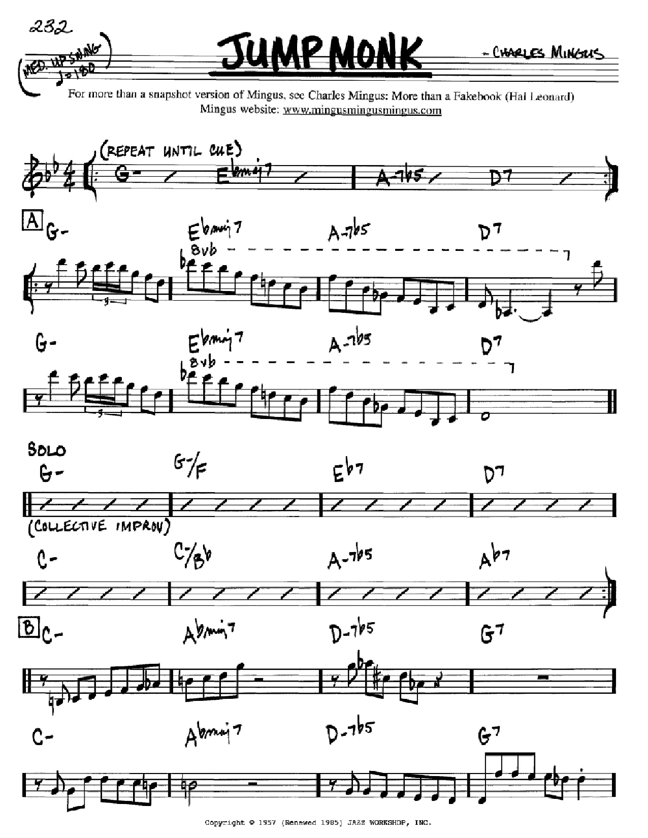 Download Charles Mingus Jump Monk Sheet Music and learn how to play Real Book - Melody & Chords - Bb Instruments PDF digital score in minutes