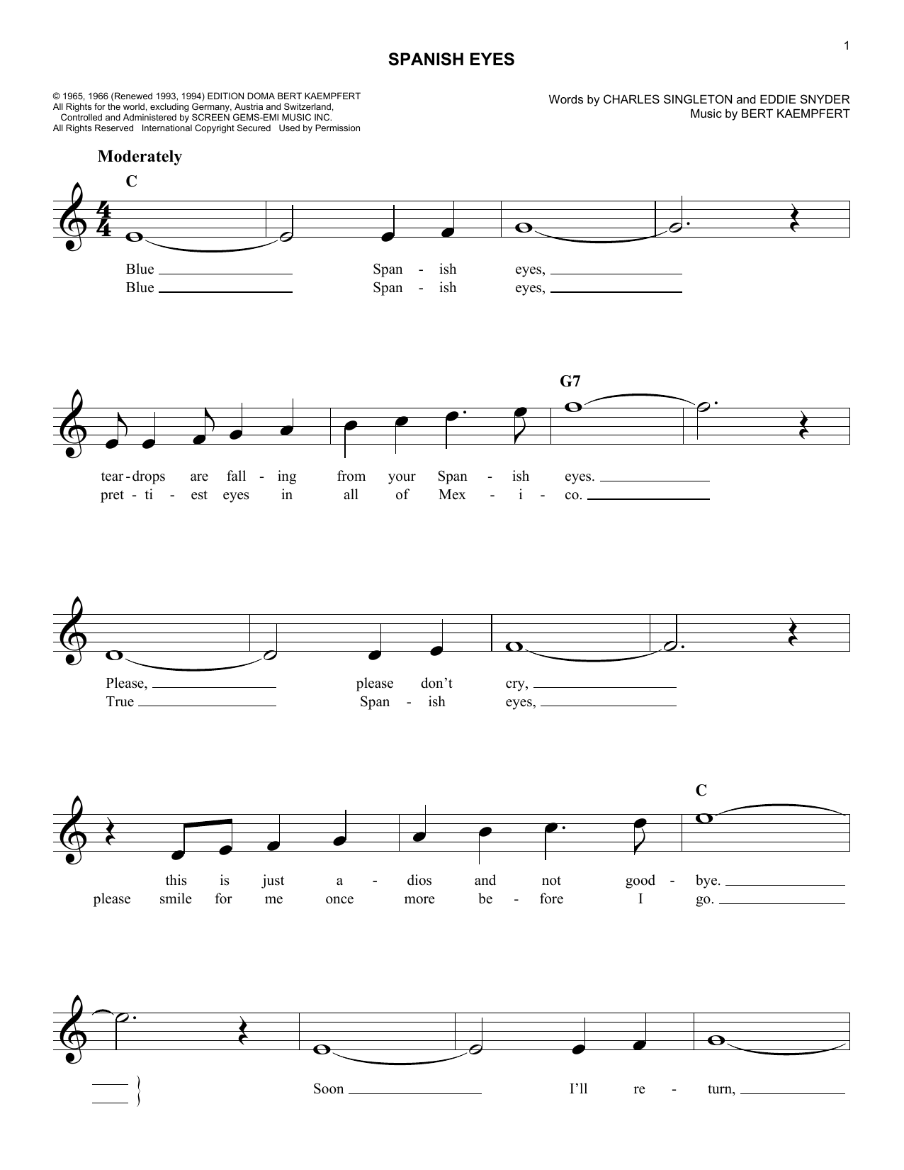 Download Charles Singleton Spanish Eyes Sheet Music and learn how to play Lead Sheet / Fake Book PDF digital score in minutes