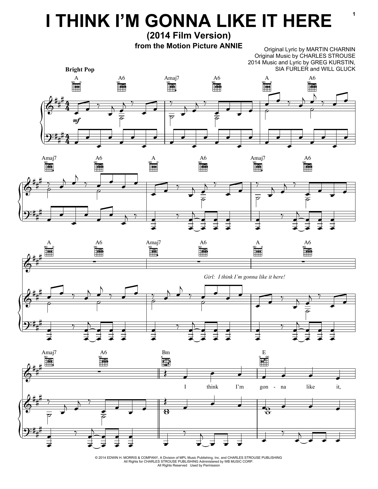 Download Charles Strouse I Think I'm Gonna Like It Here (from 'Annie' 2014 Film Version) Sheet Music and learn how to play Piano, Vocal & Guitar (Right-Hand Melody) PDF digital score in minutes
