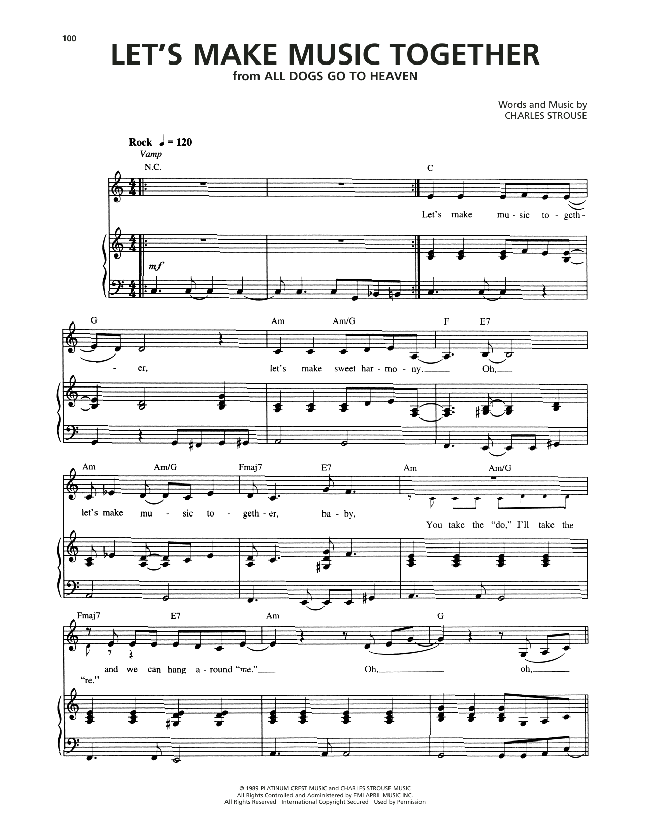 Download Charles Strouse Let's Make Music Together (from All Dogs Go To Heaven) Sheet Music and learn how to play Piano & Vocal PDF digital score in minutes
