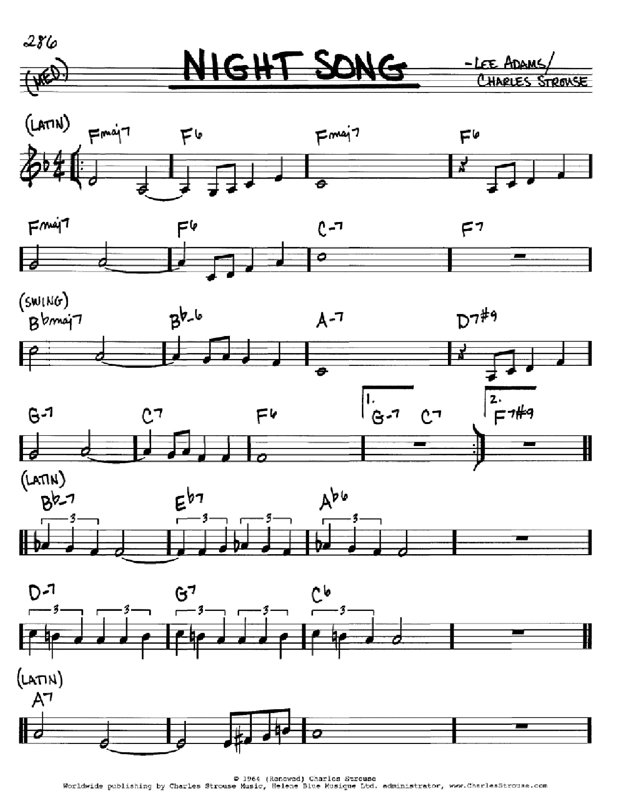 Download Charles Strouse Night Song Sheet Music and learn how to play Real Book - Melody, Lyrics & Chords - C Instruments PDF digital score in minutes