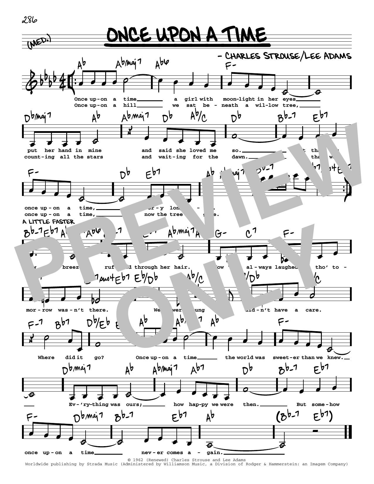 Download Charles Strouse Once Upon A Time (Low Voice) Sheet Music and learn how to play Real Book – Melody, Lyrics & Chords PDF digital score in minutes