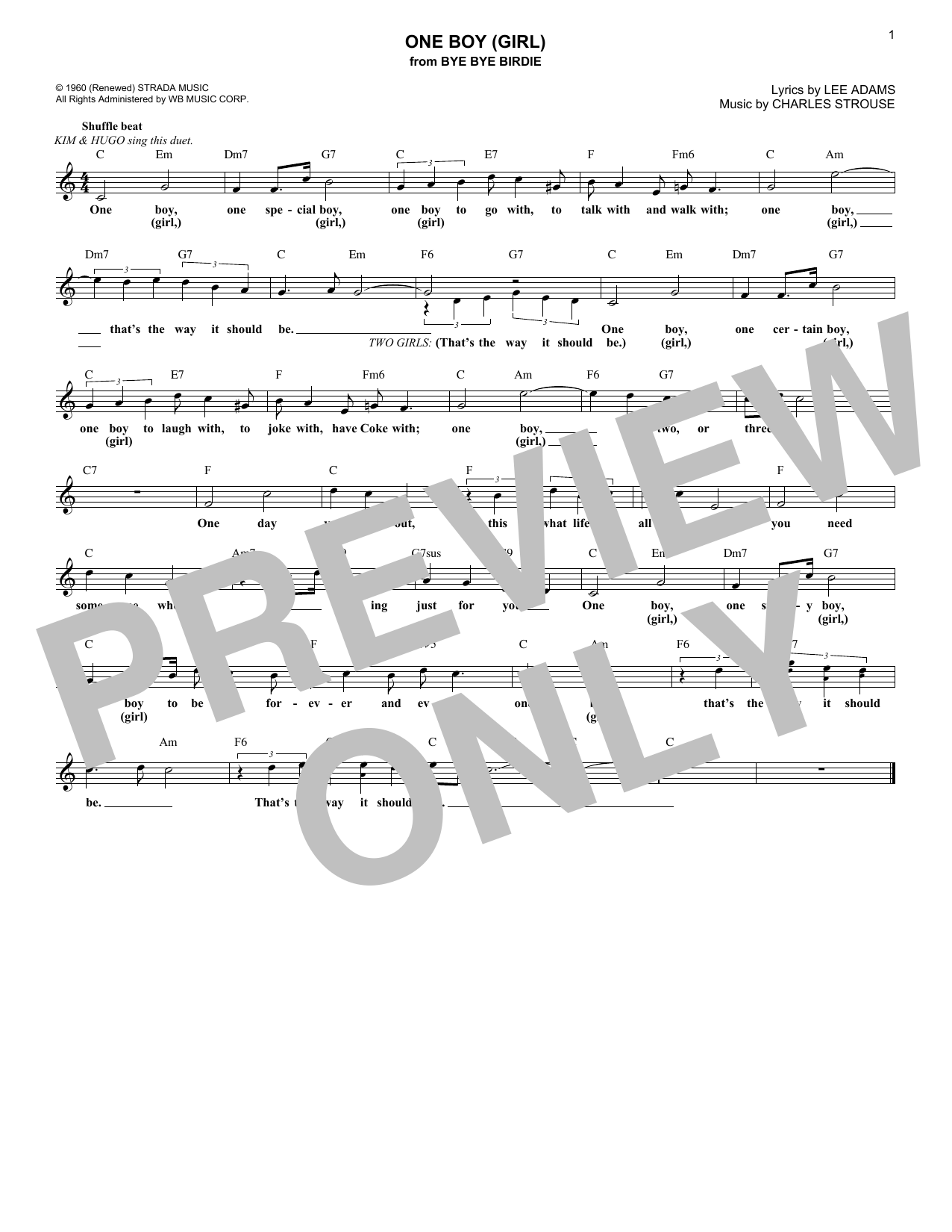 Download Charles Strouse One Boy (Girl) (from Bye Bye Birdie) Sheet Music and learn how to play Lead Sheet / Fake Book PDF digital score in minutes