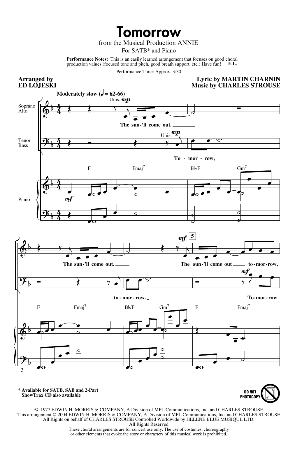 Download Charles Strouse Tomorrow (from Annie) (arr. Ed Lojeski) Sheet Music and learn how to play SAB Choir PDF digital score in minutes