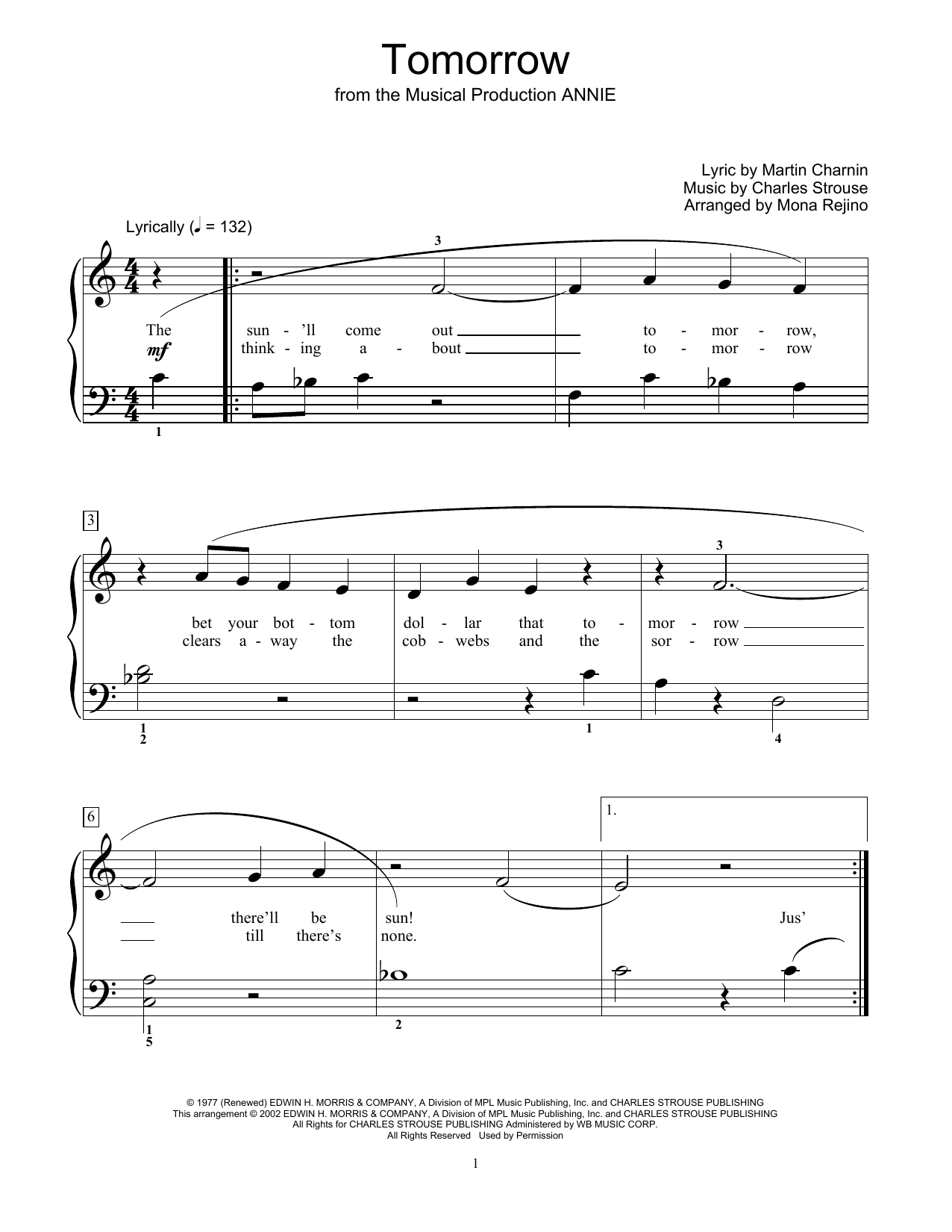Download Charles Strouse Tomorrow (from Annie) (arr. Mona Rejino) Sheet Music and learn how to play Educational Piano PDF digital score in minutes