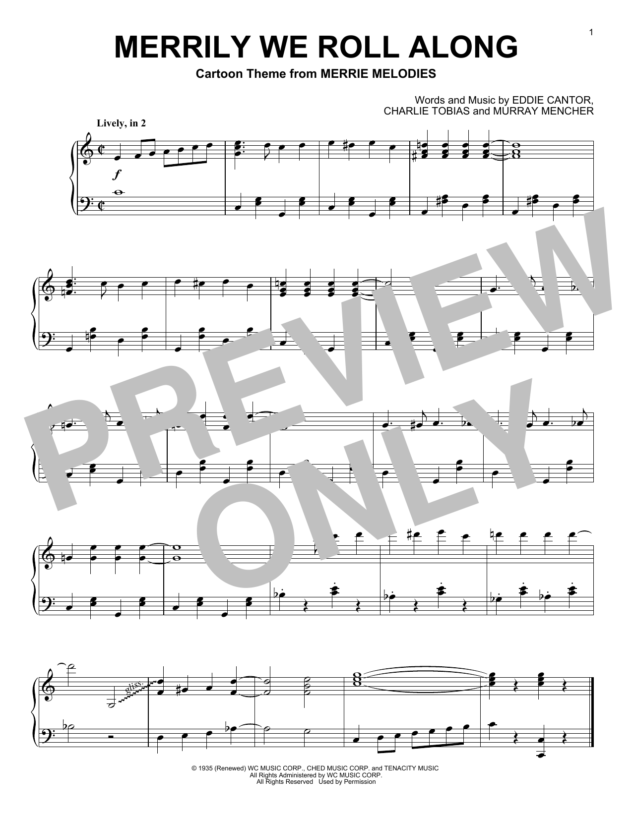 Download Charles Tobias, Eddie Cantor & Murray Mencher Merrily We Roll Along (from Looney Tunes) Sheet Music and learn how to play Piano Solo PDF digital score in minutes