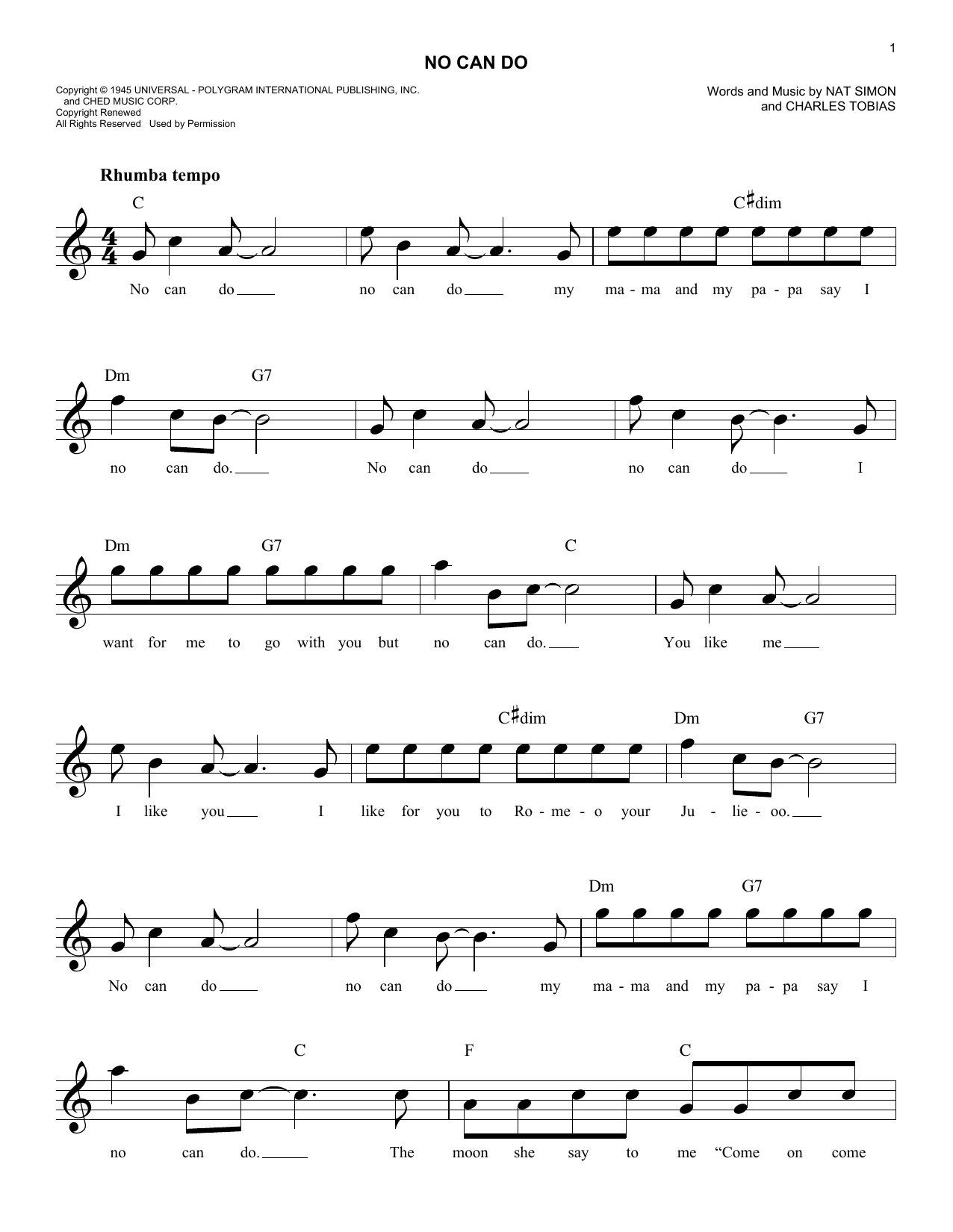 Download Charles Tobias No Can Do Sheet Music and learn how to play Melody Line, Lyrics & Chords PDF digital score in minutes