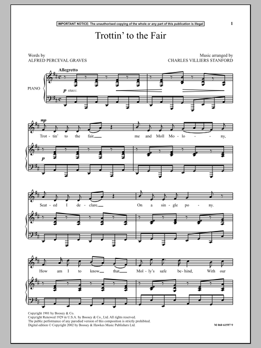 Download Charles Villiers Stanford Trottin' To The Fair Sheet Music and learn how to play Piano & Vocal PDF digital score in minutes