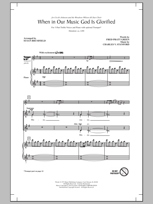 Download Susan Brumfield When In Our Music God Is Glorified Sheet Music and learn how to play 3-Part Treble PDF digital score in minutes