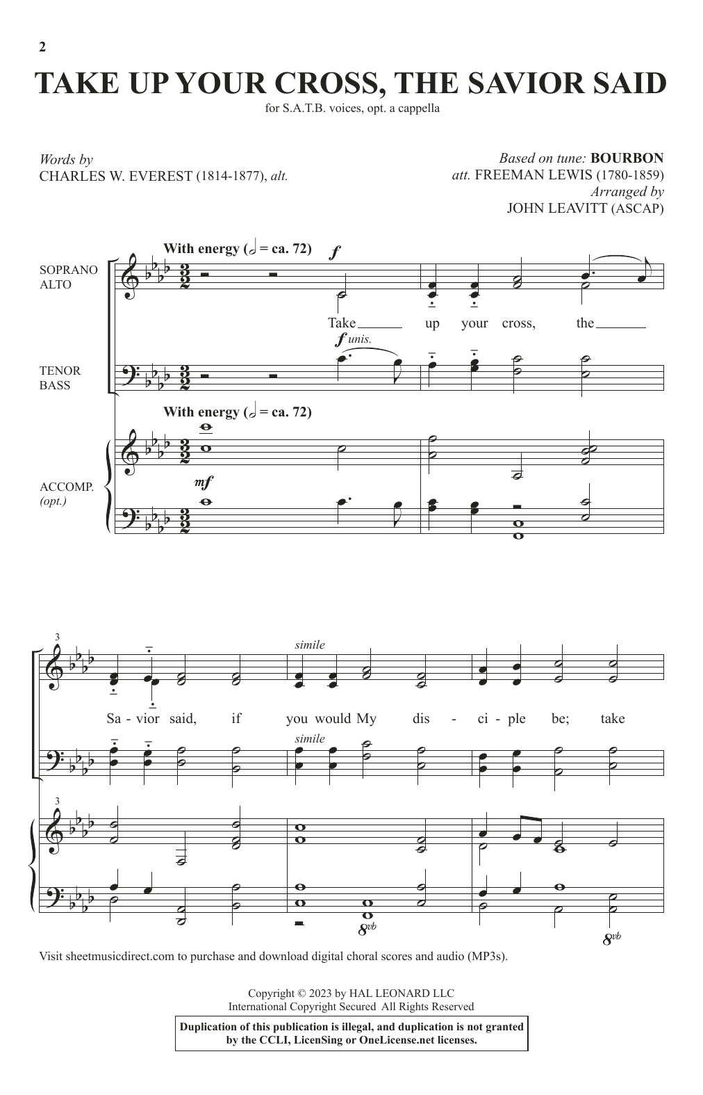 Download Charles W. Everest, alt. Take Up Your Cross, The Savior Said (arr. John Leavitt) Sheet Music and learn how to play SATB Choir PDF digital score in minutes